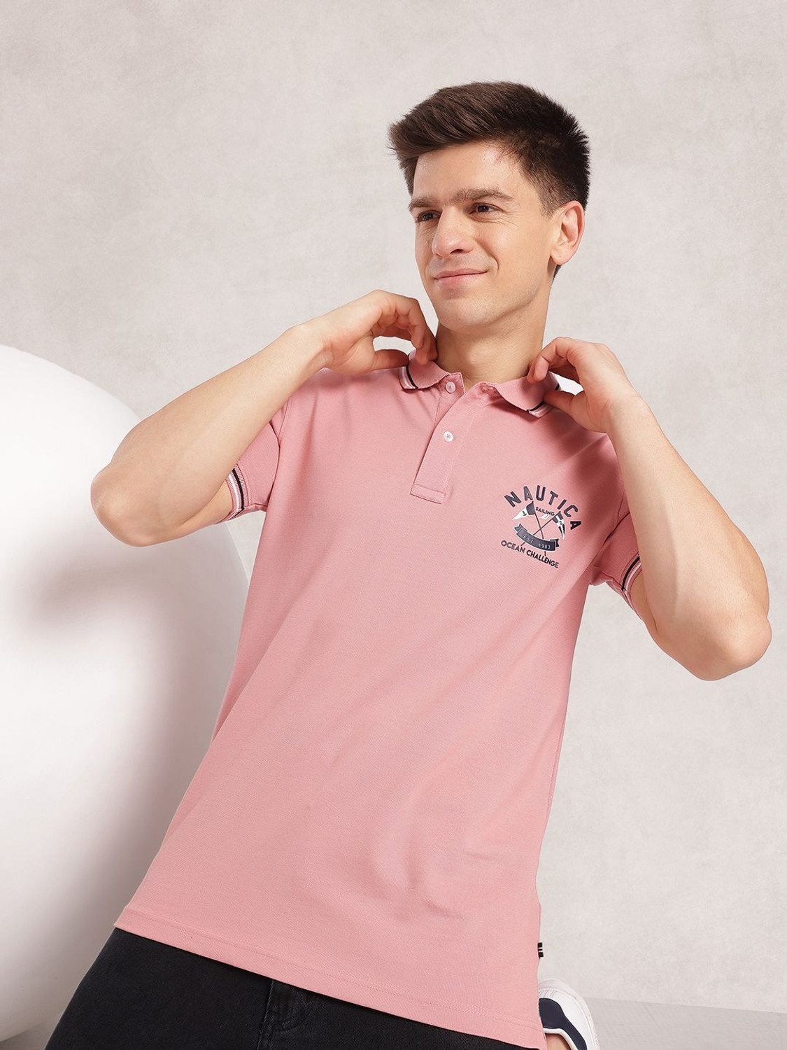 Image of NAUTICA Printed Men Polo Neck Pink T-Shirt