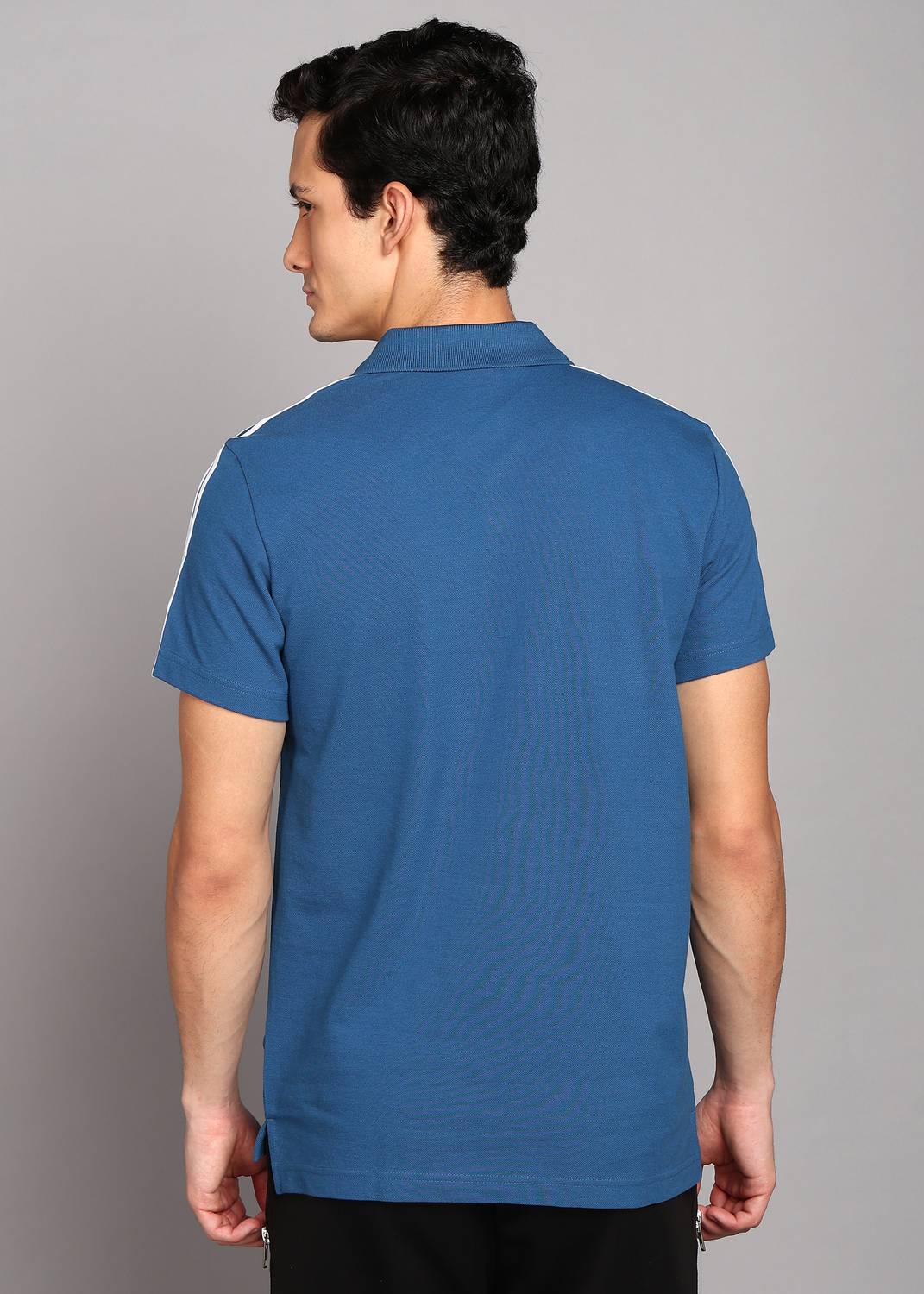 ADIDAS Blue Striped Men Polo Neck T-Shirt - Image 4