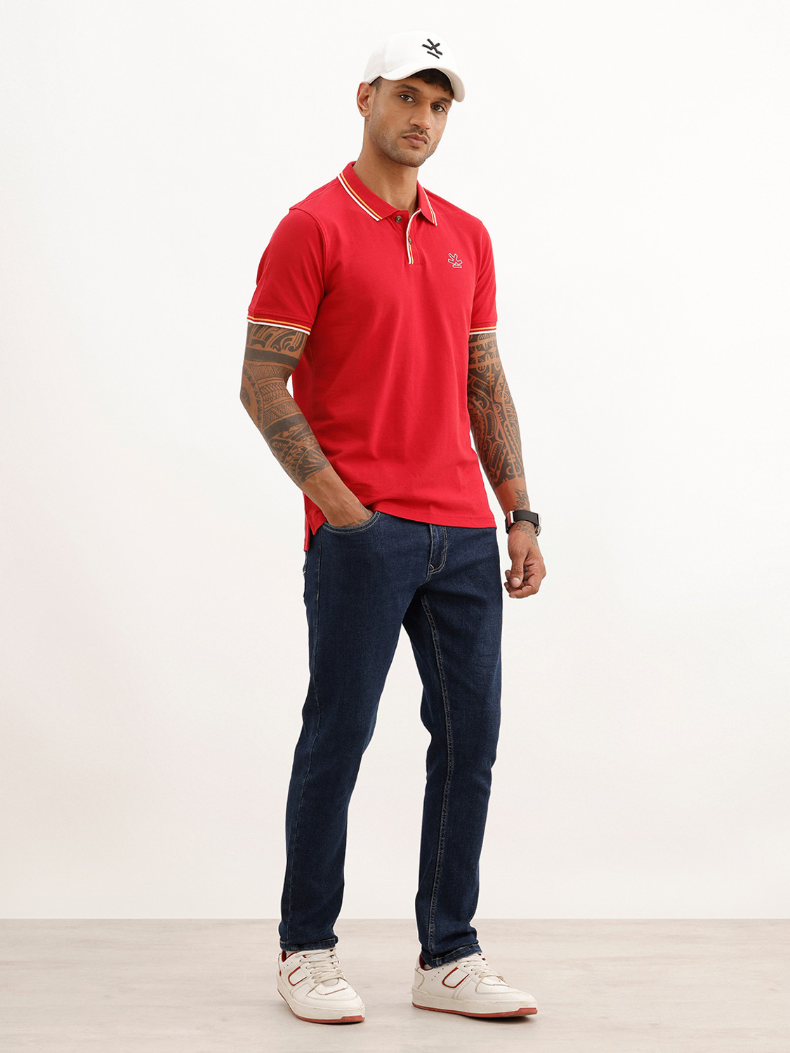 Image of WROGN Men Solid Polo Neck Pure Cotton Red T-Shirt