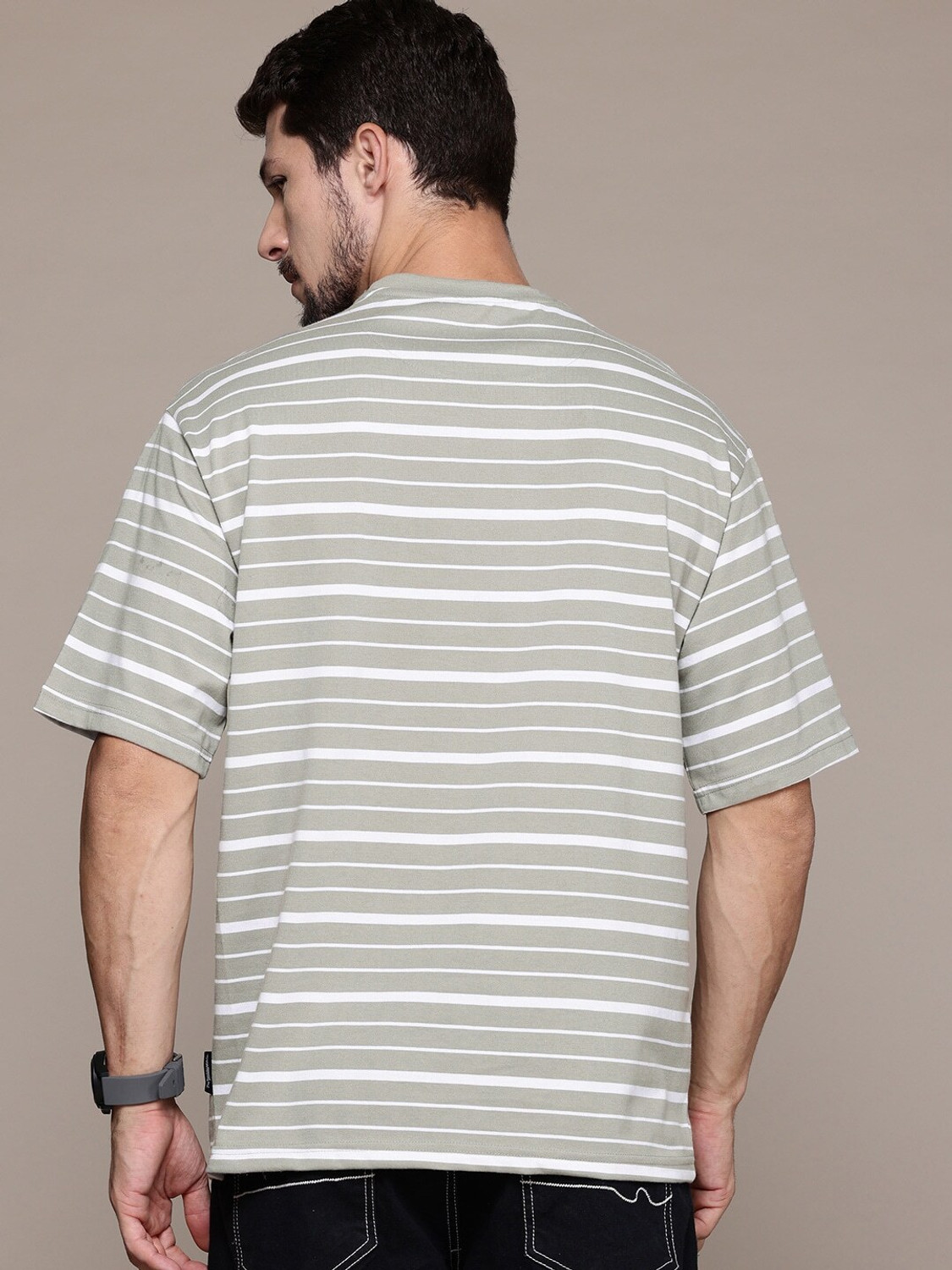 Image of Roadster Striped Men Round Neck Grey T-Shirt