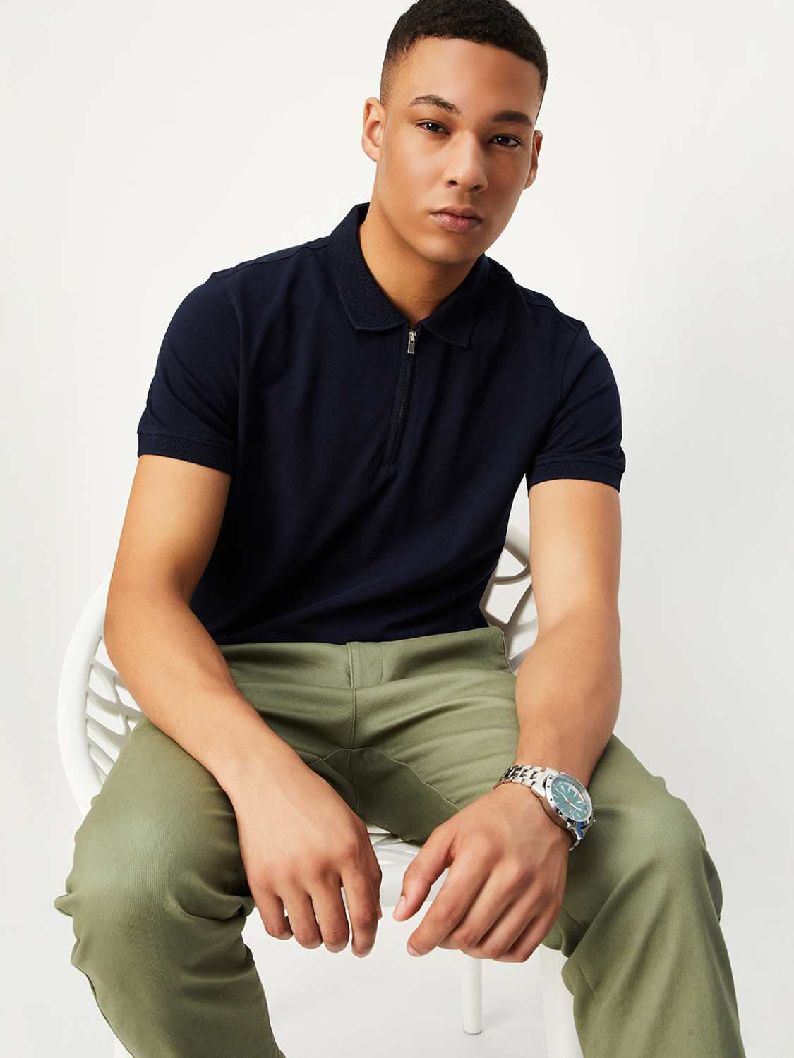 Image of MAX Printed Men Polo Neck Dark Blue T-Shirt