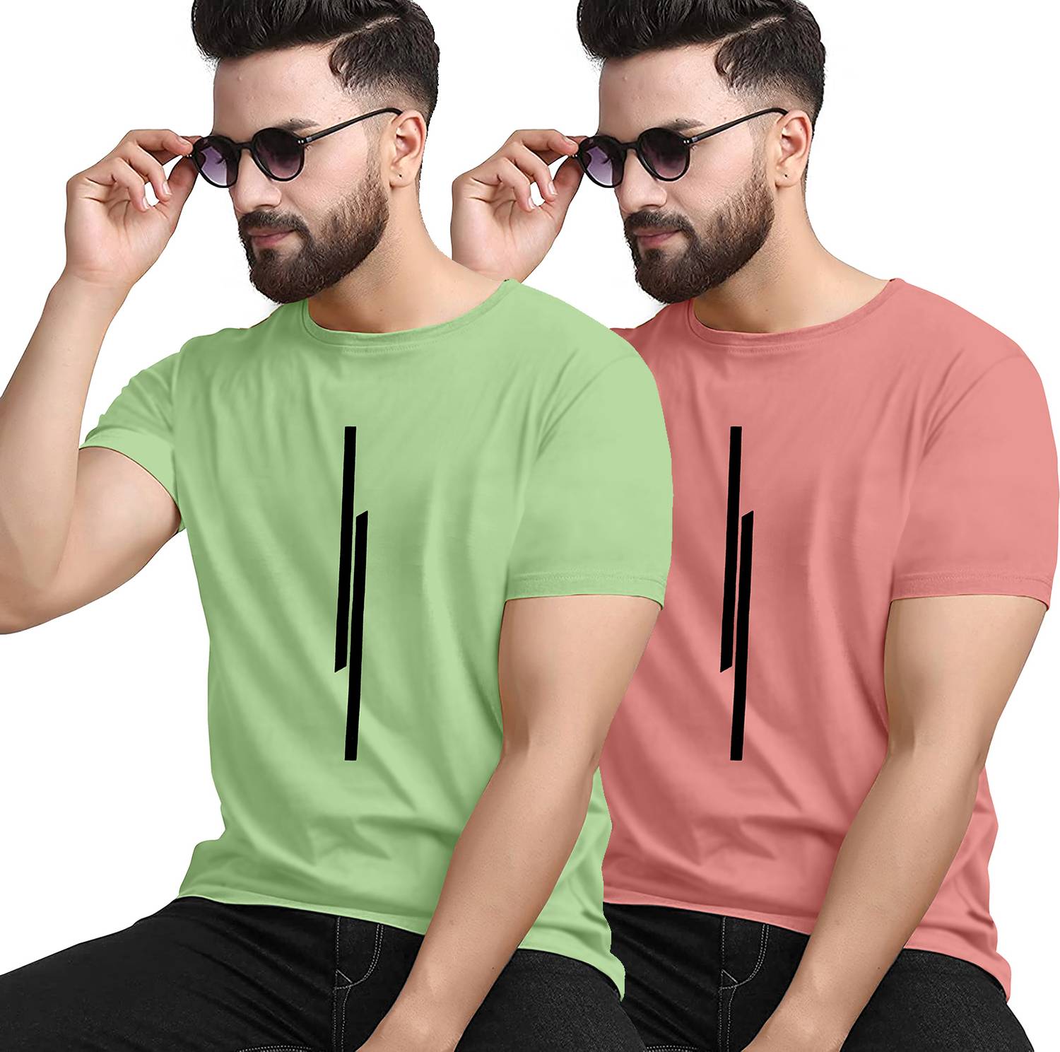 KAJARU Pack of 2 Men Striped Round Neck Polyester Green, Pink T-S