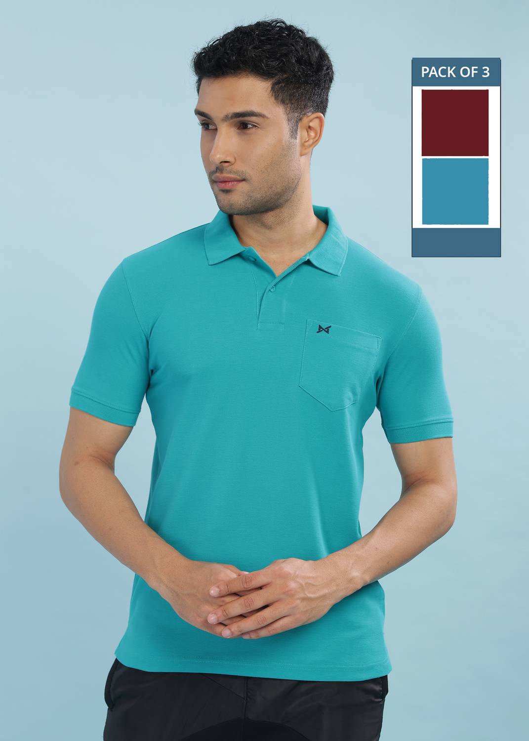 Force NXT Pack of 3 Men Solid Polo Neck Pure Cotton Multicolor T-
