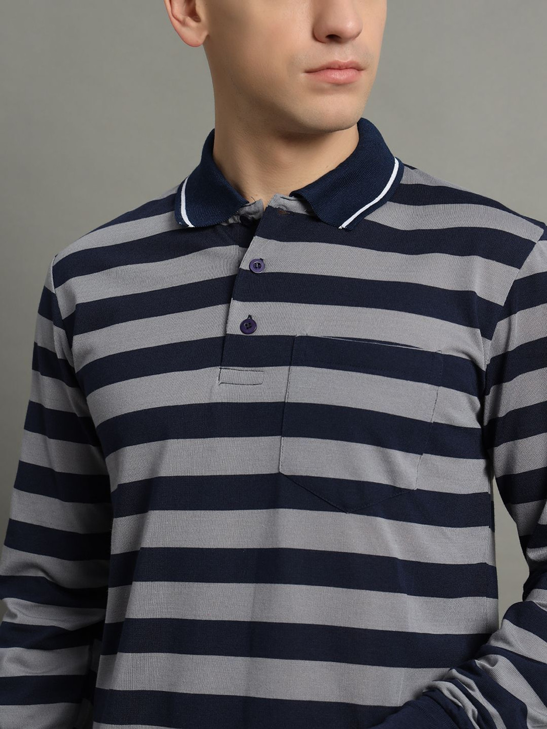 Image of GETGOLF Striped Men Polo Neck Navy Blue T-Shirt