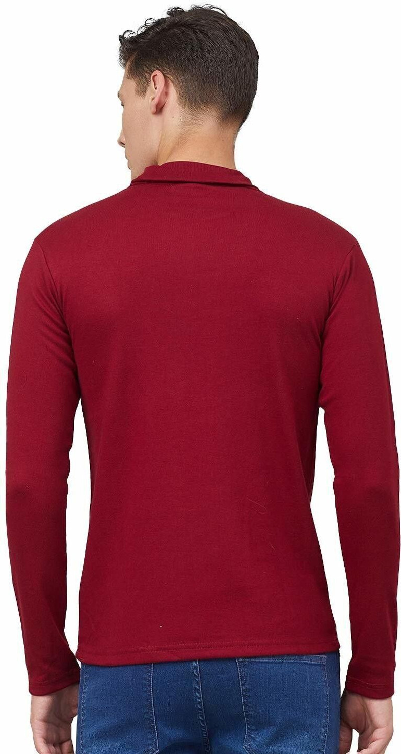 Image of CHKOKKO Solid Men High Neck Maroon T-Shirt