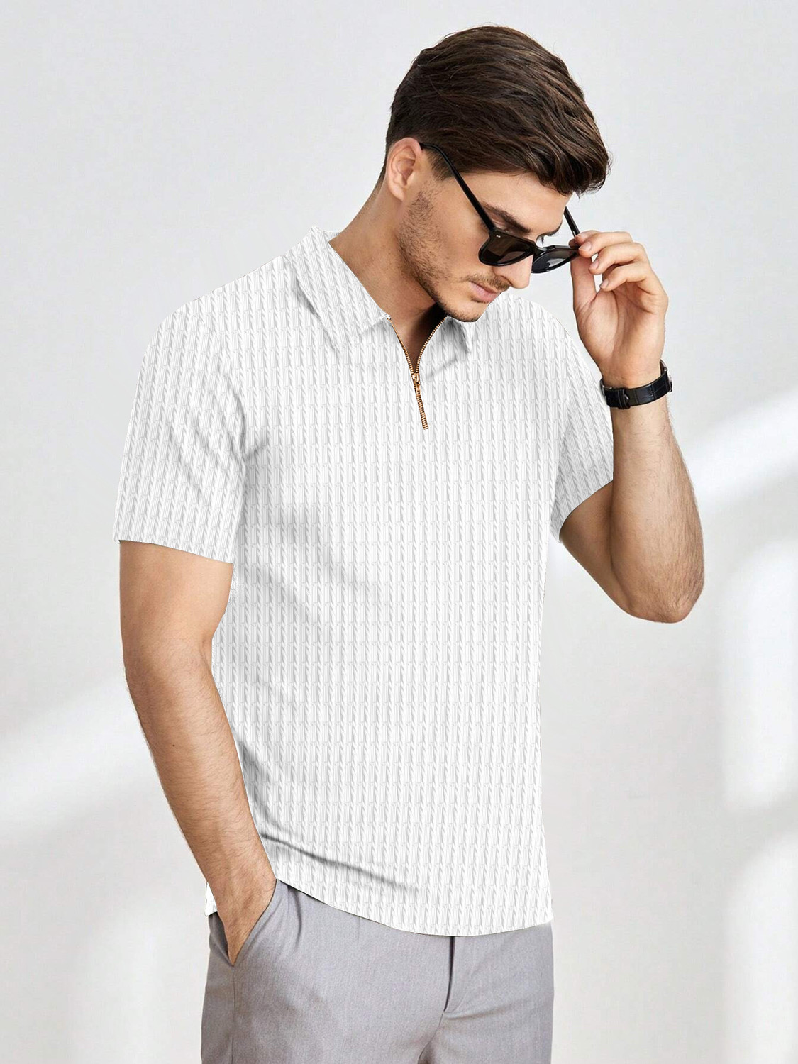 Image of VARIDASHI Self Design Men Zip Neck White T-Shirt