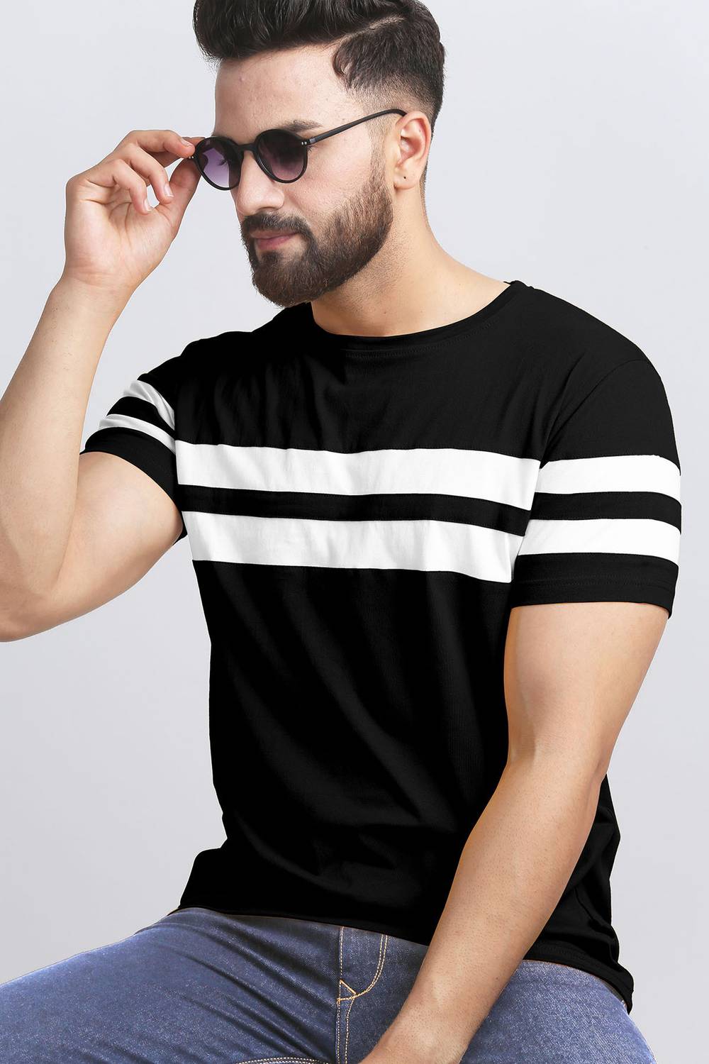 AUSK Men Striped Round Neck Cotton Blend Black, White T-Shirt