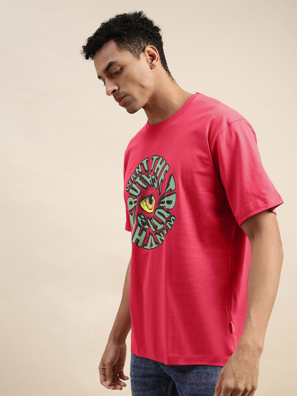 Image of Veirdo Typography, Graphic Print Men Round Neck Pink T-Shirt