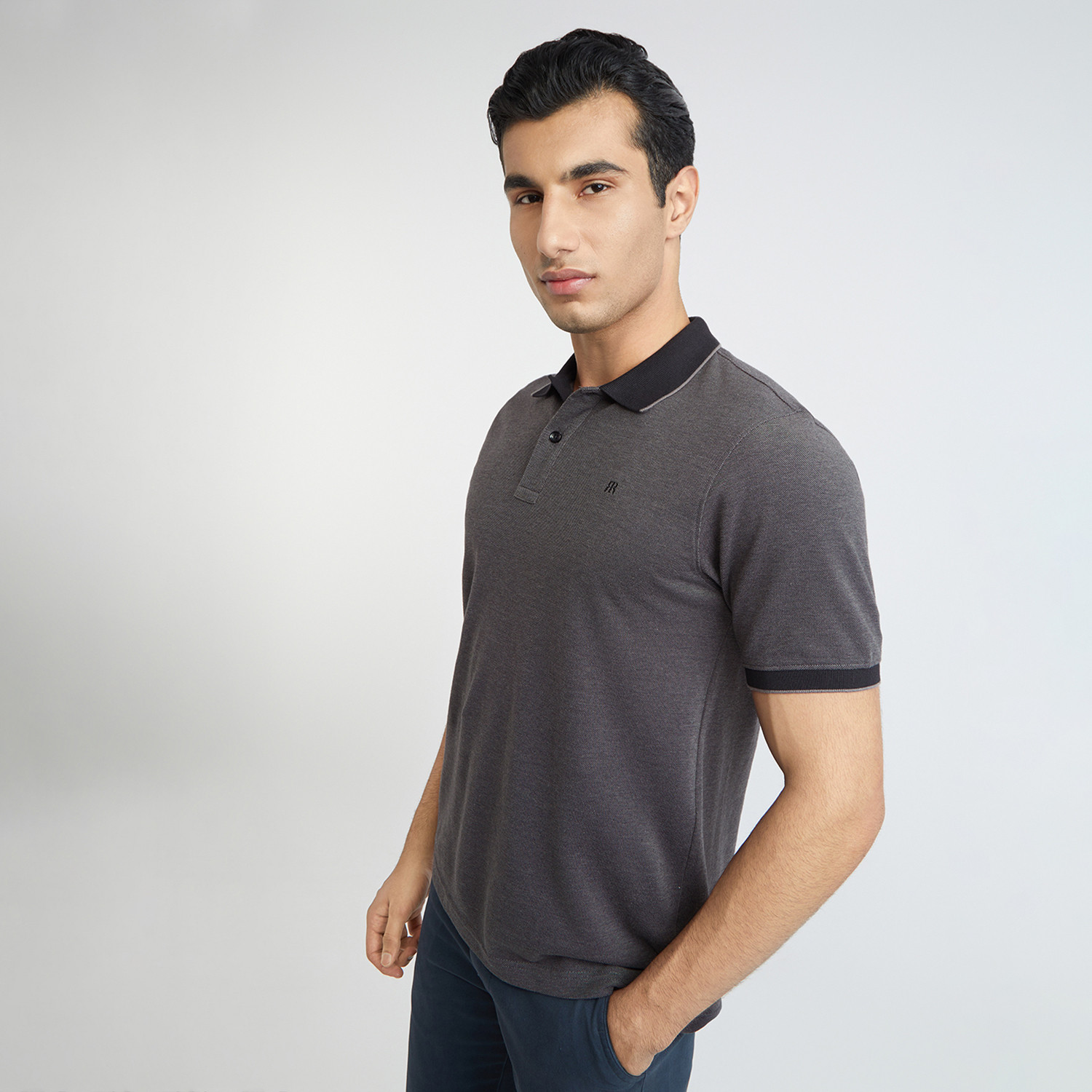 Image of Raymond Self Design Men Polo Neck Grey T-Shirt