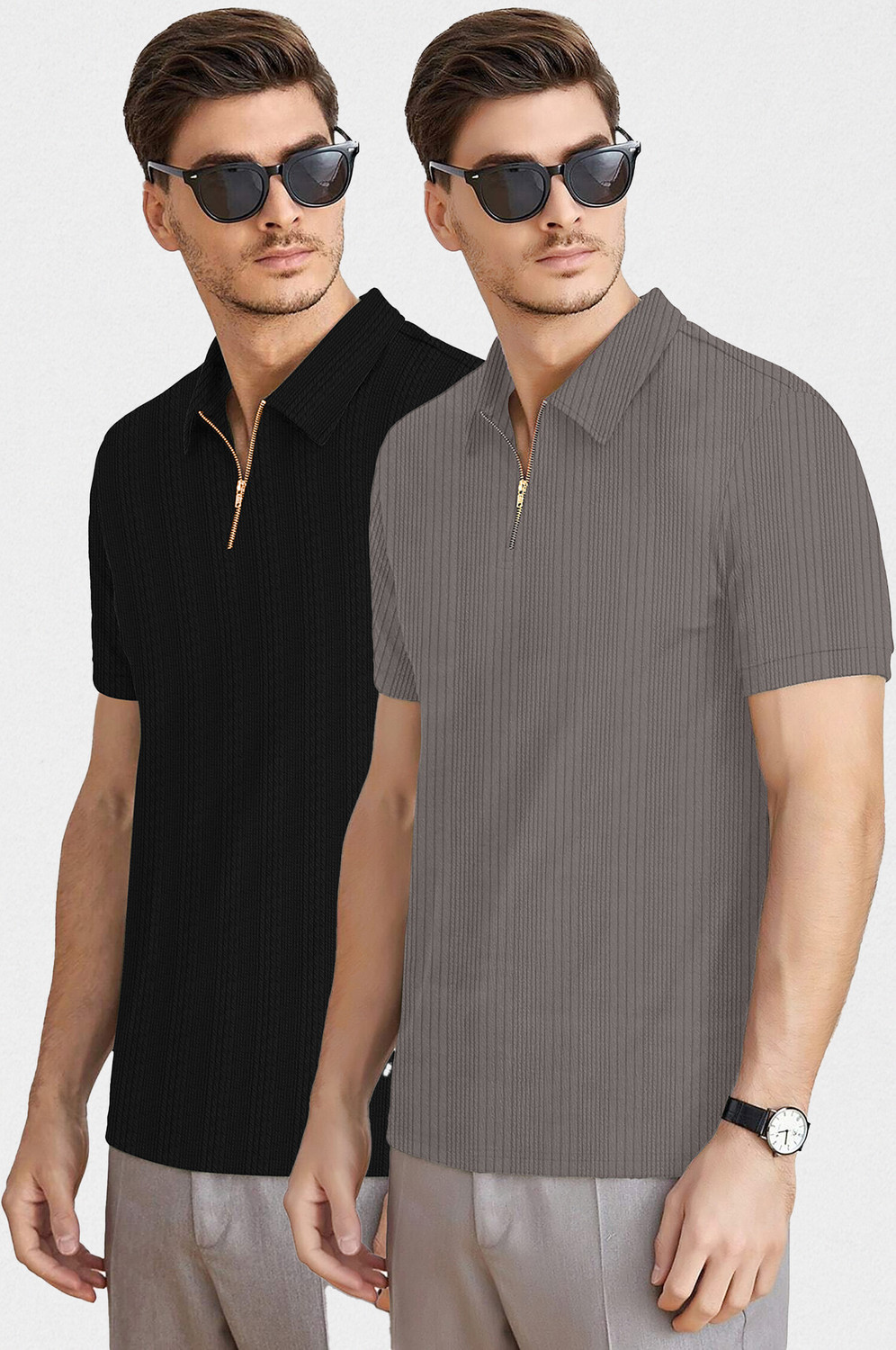 Image of KAJARU Self Design Men Zip Neck Black, Grey T-Shirt