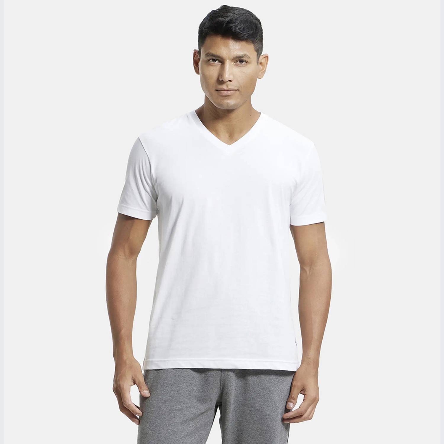 JOCKEY 2726 Men Solid V Neck Cotton Blend White T-Shirt