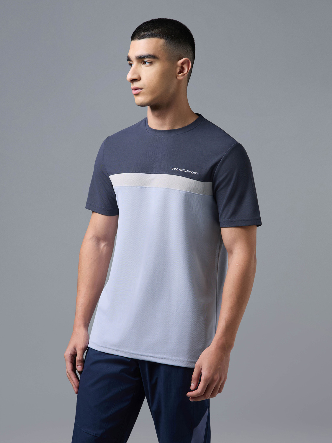 Image of TECHNOSPORT Men Colorblock Round Neck Polyester Blue T-Shirt