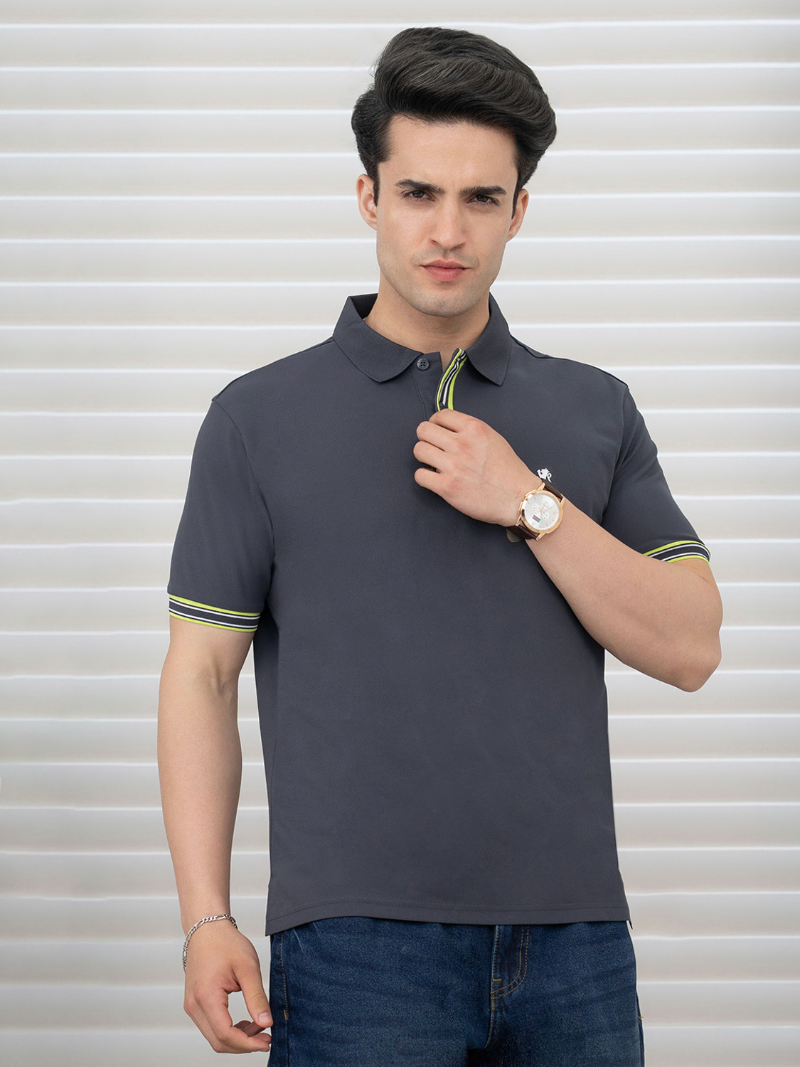 Image of RED TAPE Men Printed Polo Neck Polyester Grey T-Shirt