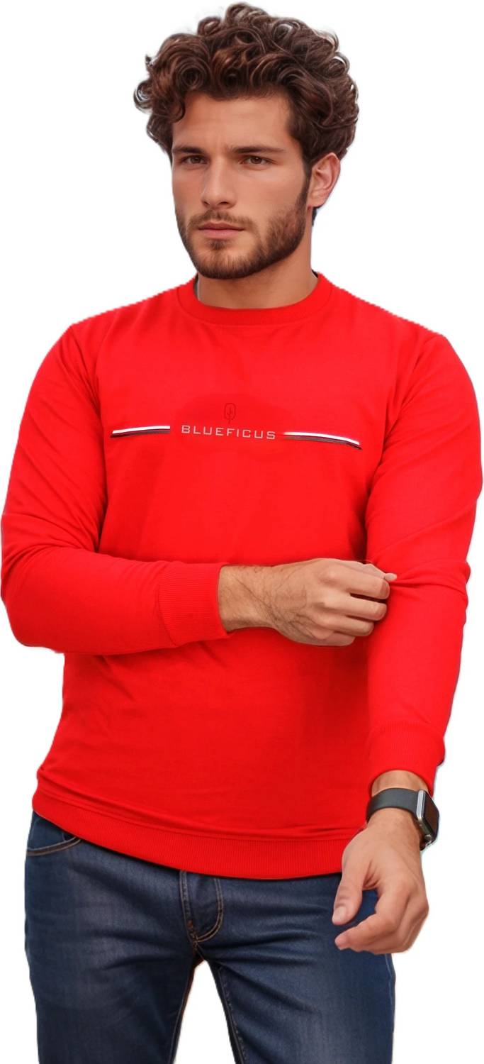 BlueFicus Men Printed, Typography Round Neck Cotton Blend Red T-S