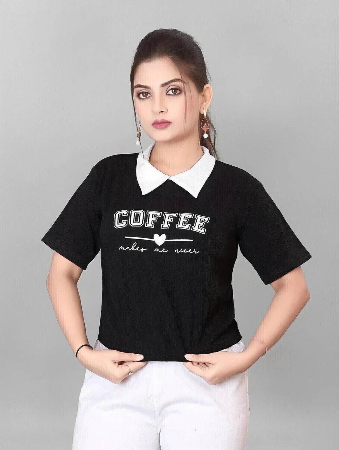 Black Buddy Printed Women Polo Neck Black T-Shirt