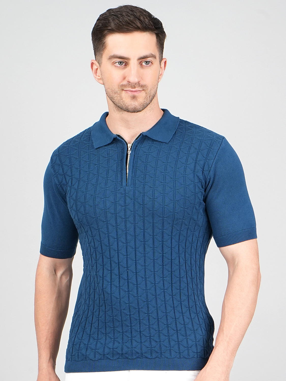 Image of FEVERFEW Self Design Men Polo Neck Blue T-Shirt