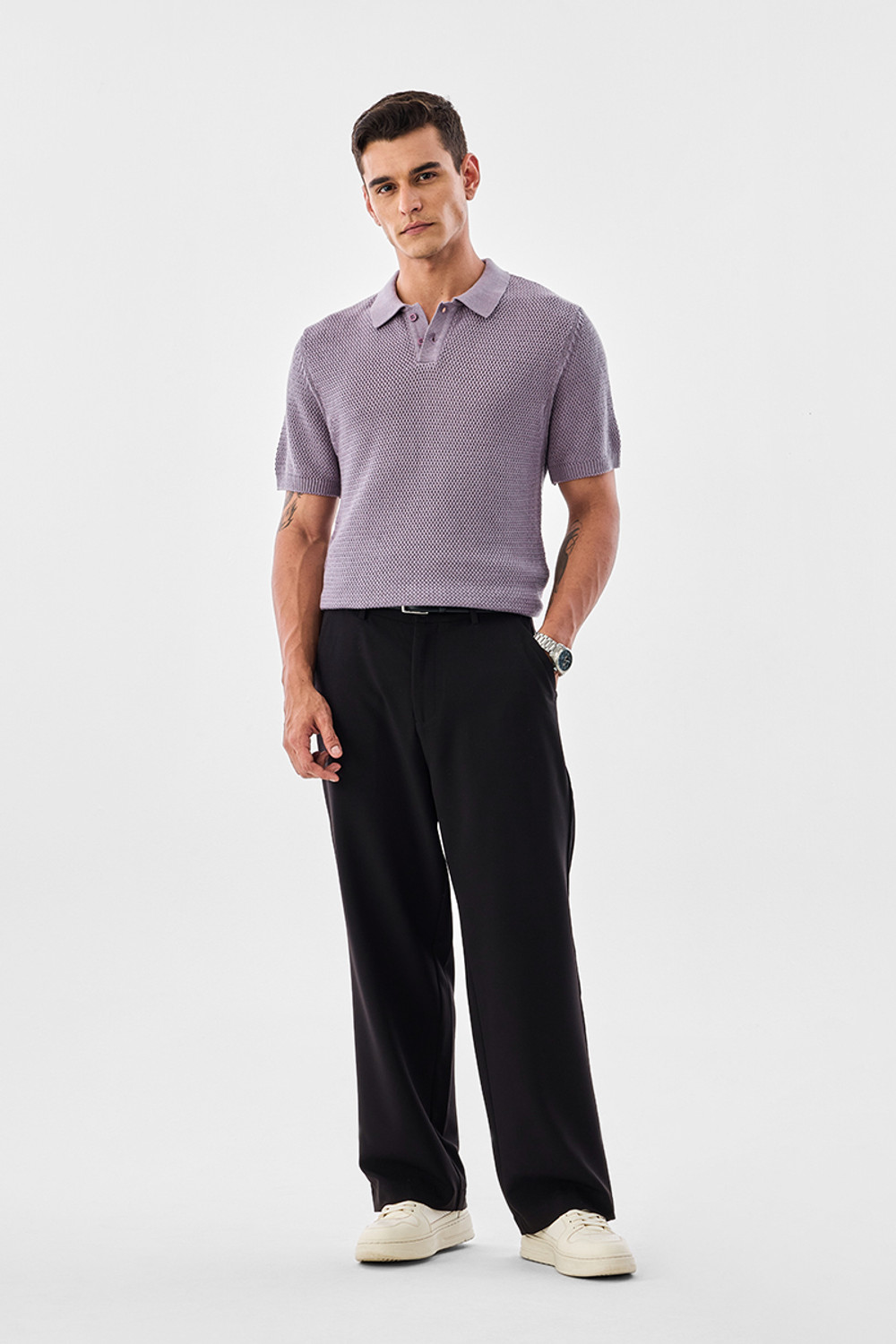 Image of Snitch Men Self Design Polo Neck Cotton Blend Purple T-Shirt