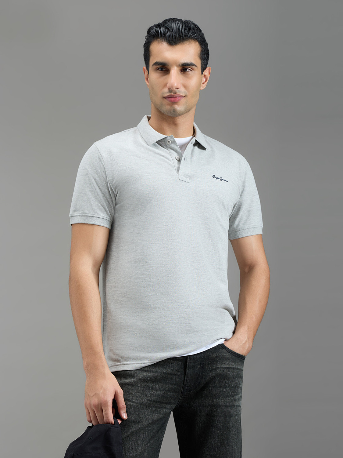Image of Pepe Jeans Self Design Men Polo Neck Grey T-Shirt