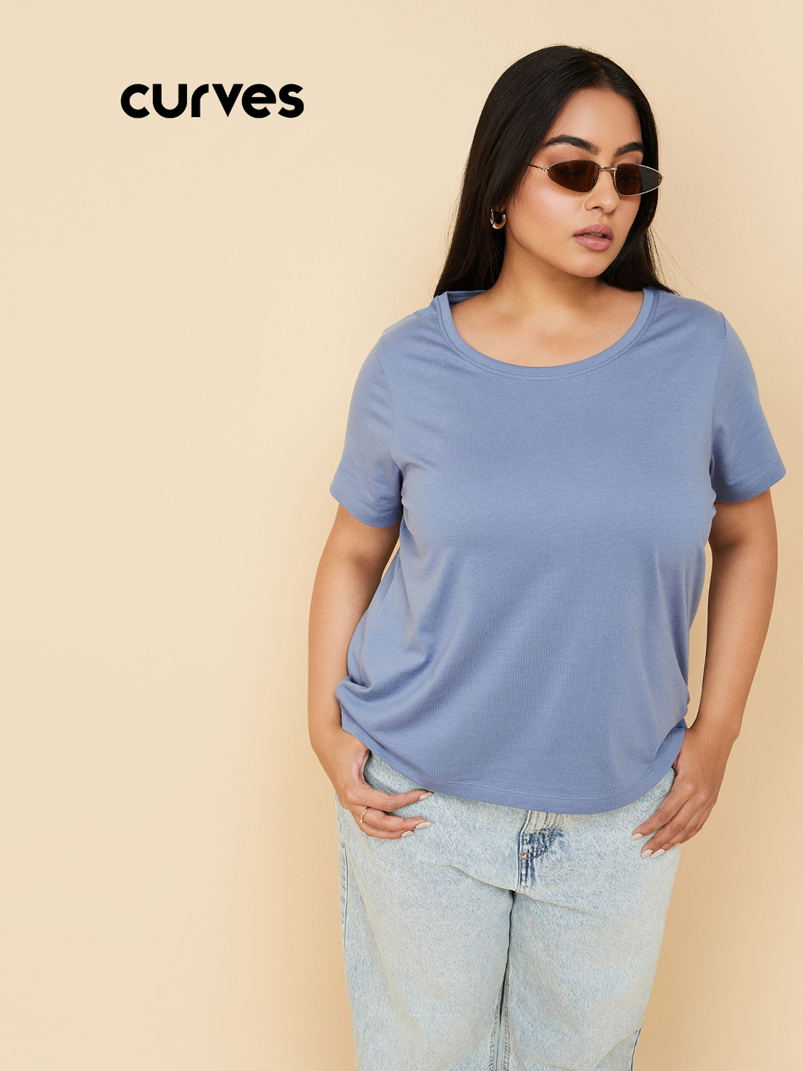 Image of MAX Solid Women Round Neck Blue T-Shirt