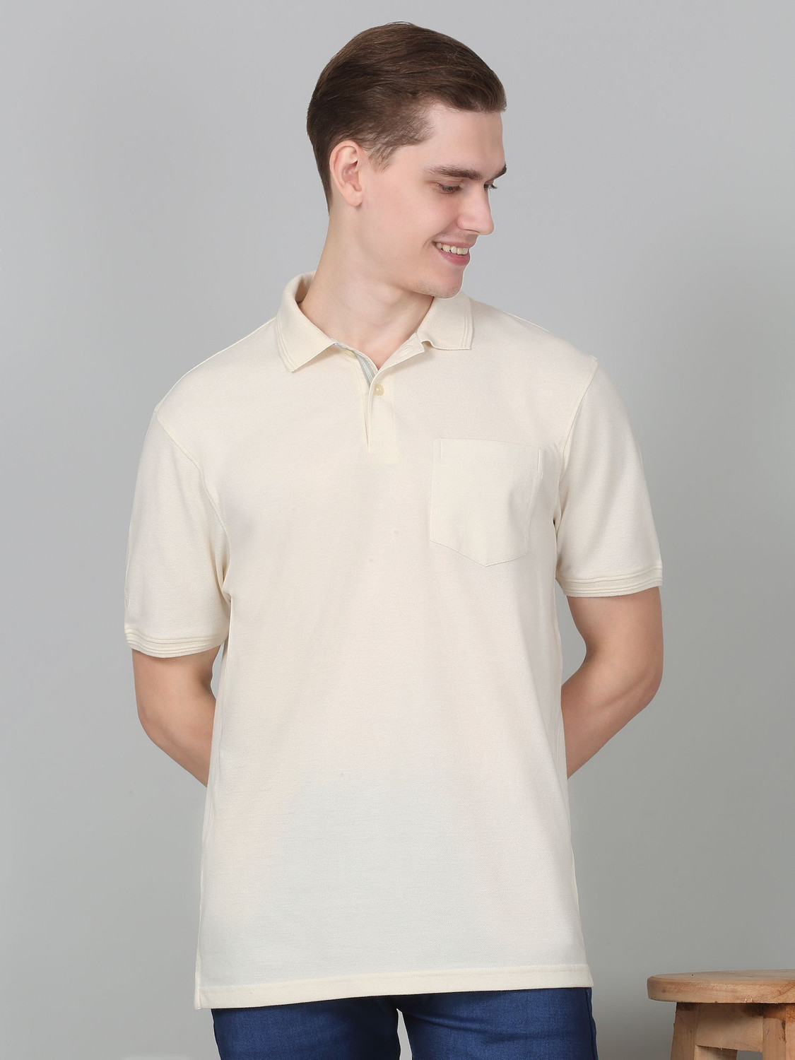 Image of CANTABIL Solid Men Polo Neck Beige T-Shirt