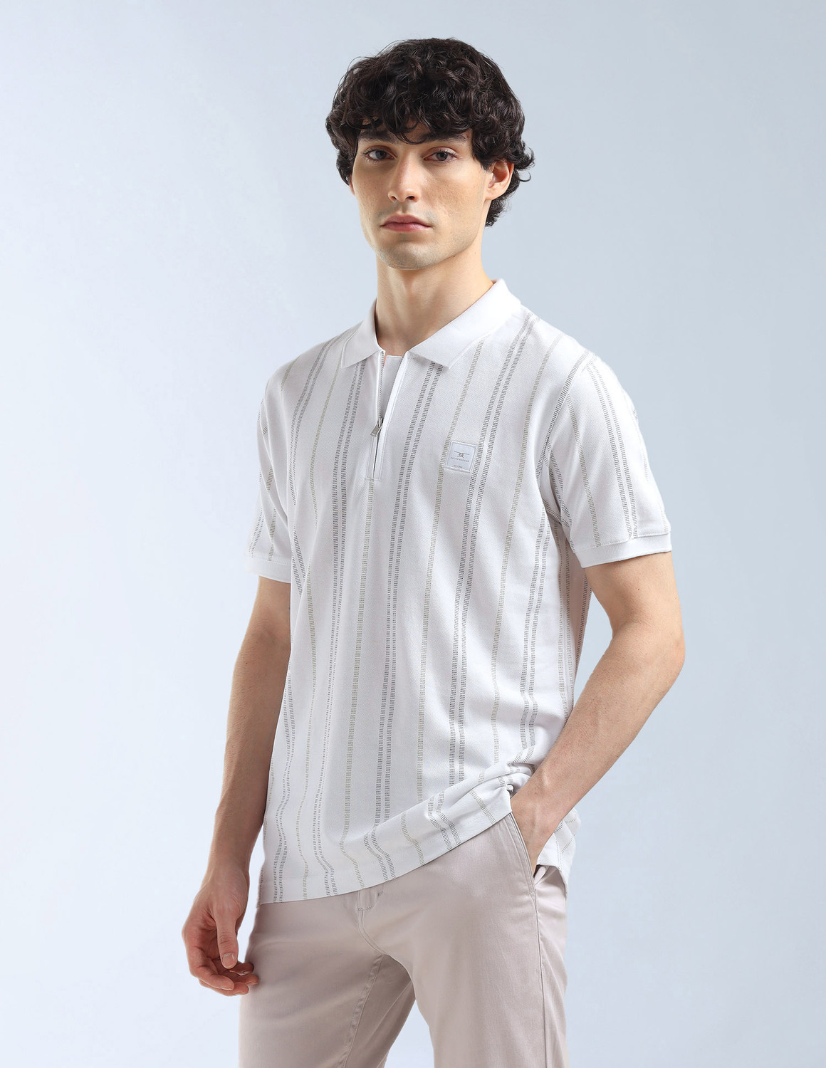 Image of FLYING MACHINE Striped Men Polo Neck White T-Shirt