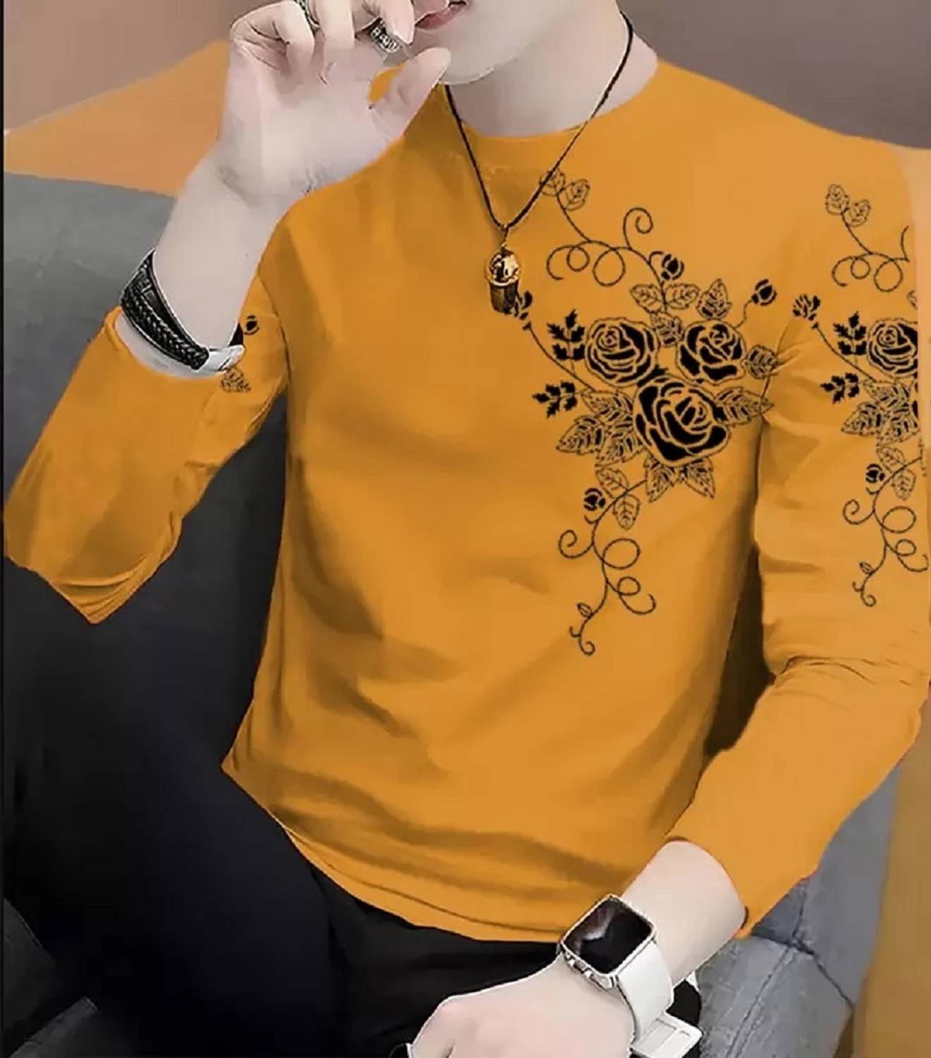 PRISUBH Men Printed Round Neck Cotton Blend Yellow T-Shirt