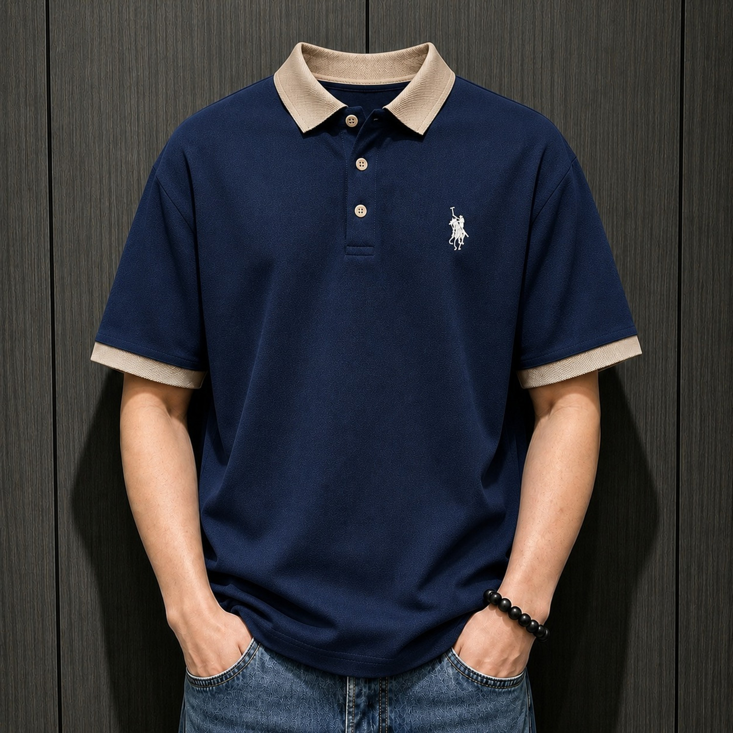 Image of Dhanraj Sales Embroidered Men Polo Neck Dark Blue T-Shirt