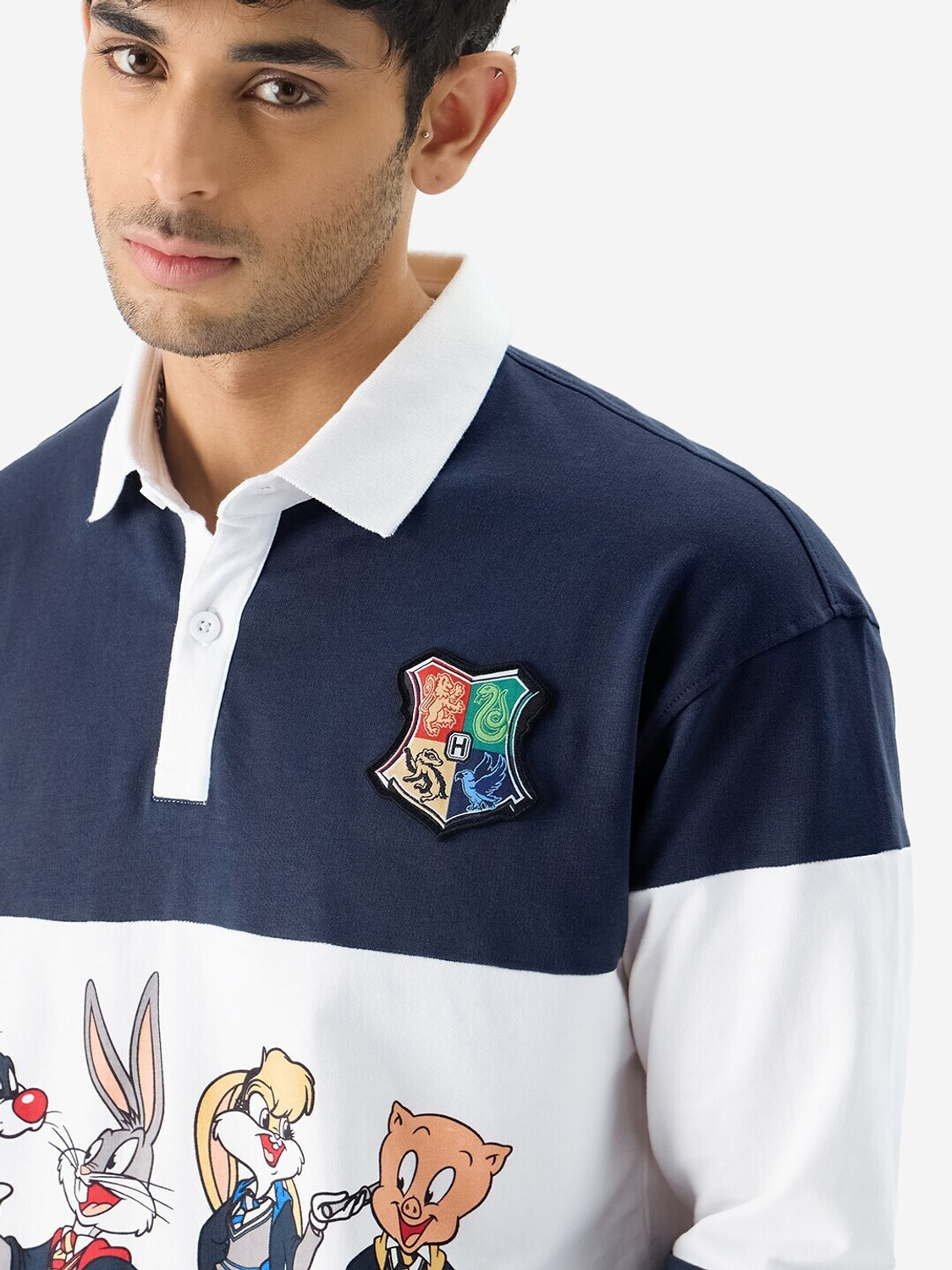 Image of METRONAUT Cartoon, Colorblock Men Polo Neck Navy Blue, White T-Shirt