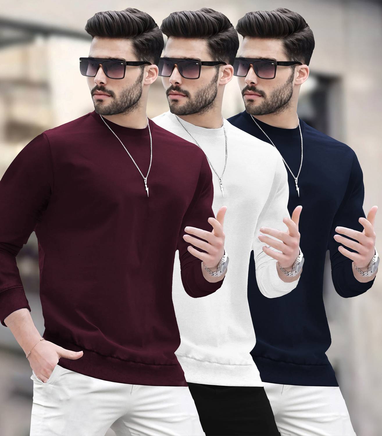 BLIVE Pack of 3 Men Solid Round Neck Cotton Blend Multicolor T-Sh