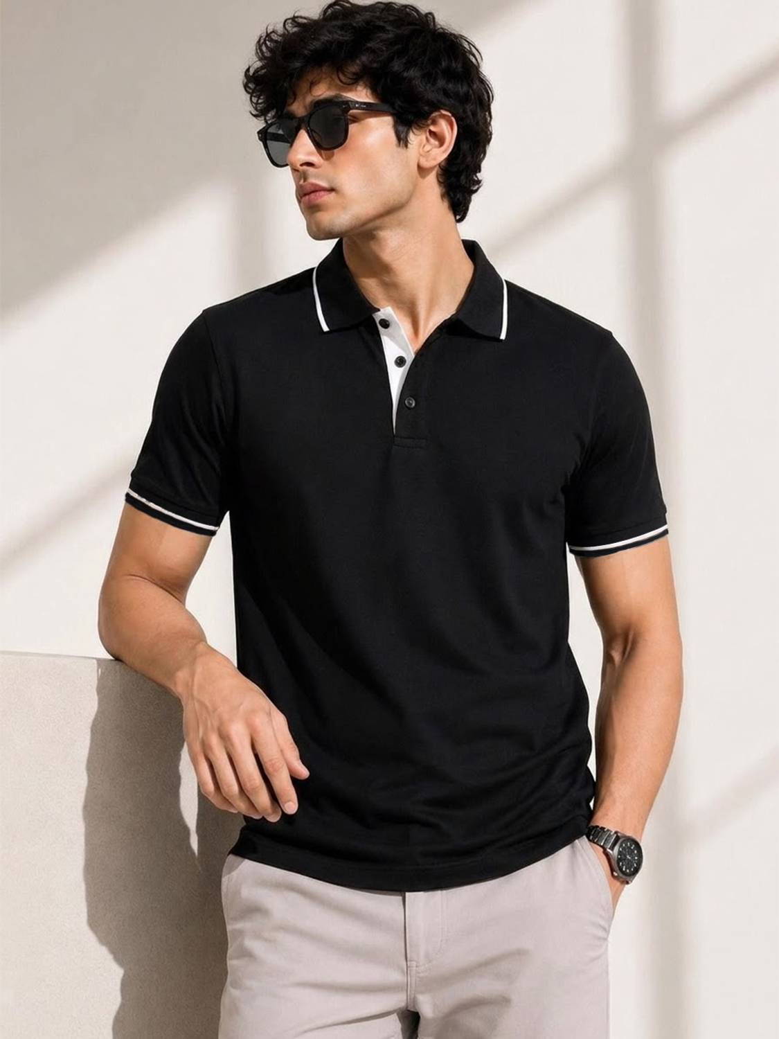 TeeVybe Solid Men Polo Neck Black T-Shirt - Image 3
