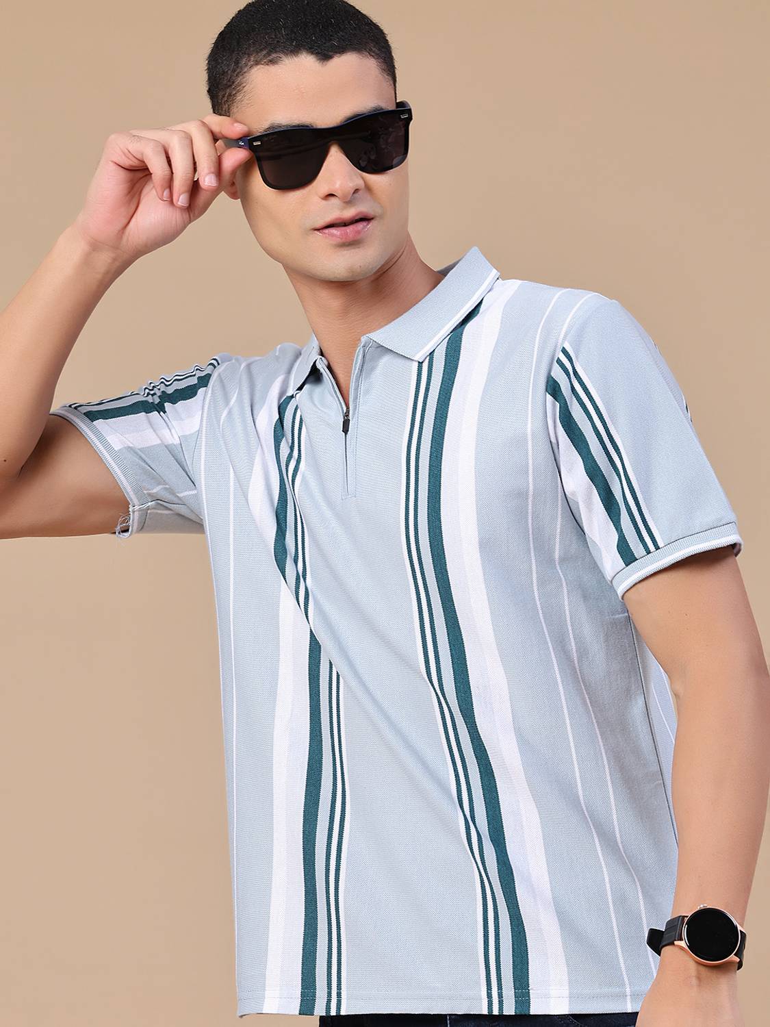 V-MART Striped Blue Polo Neck T-Shirt - Image 1