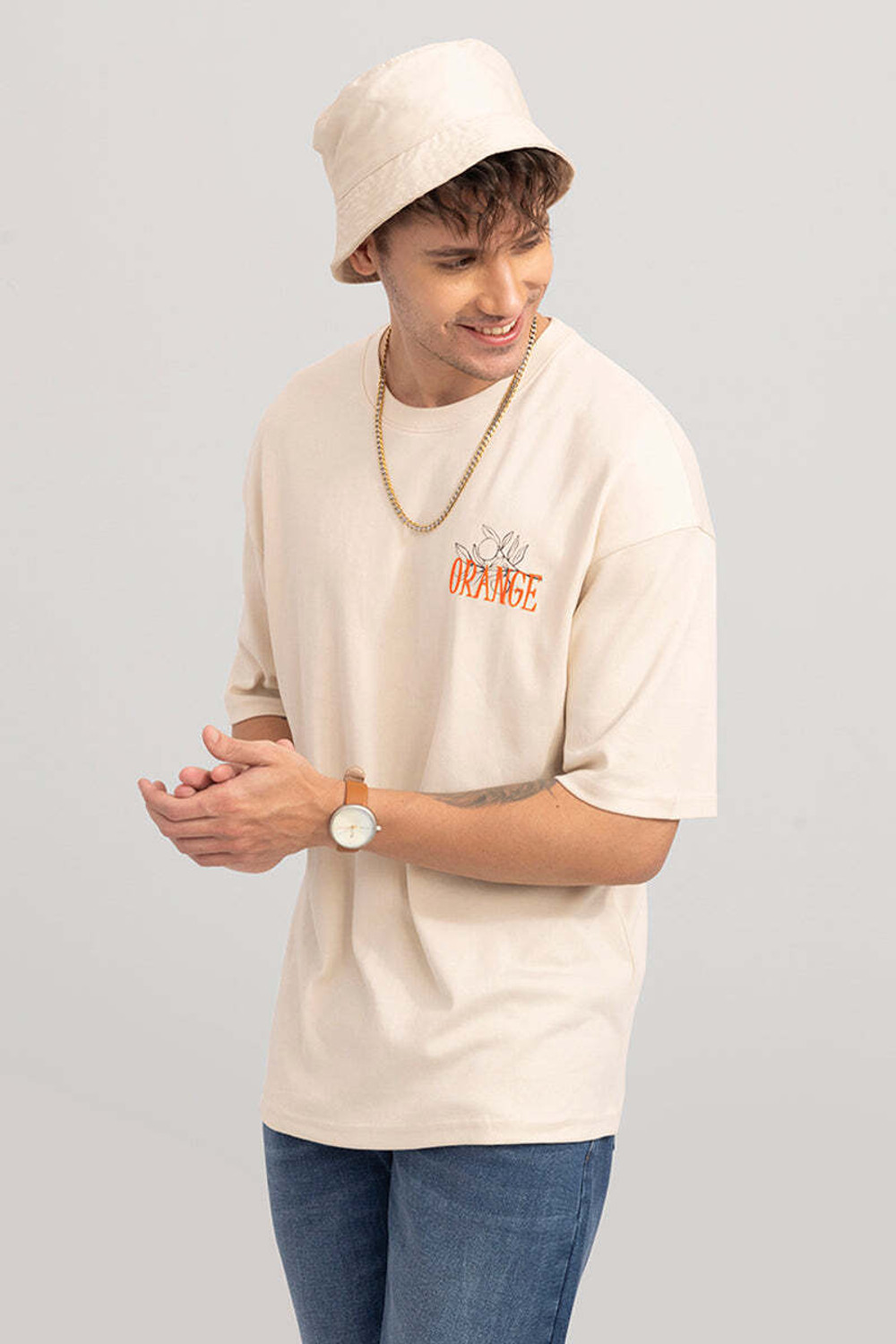 Image of HELL BOUND Typography Men Round Neck Beige, Yellow T-Shirt