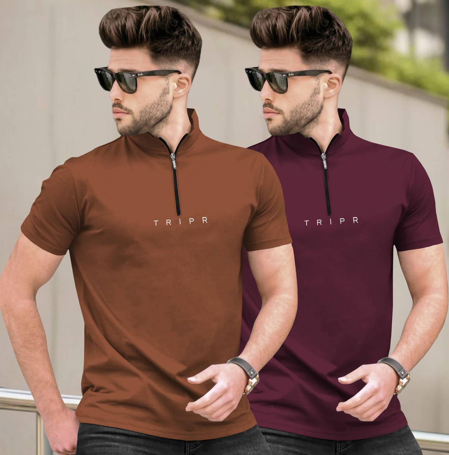 TRIPR Pack of 2 Men Typography Mandarin Collar Cotton Blend Brown