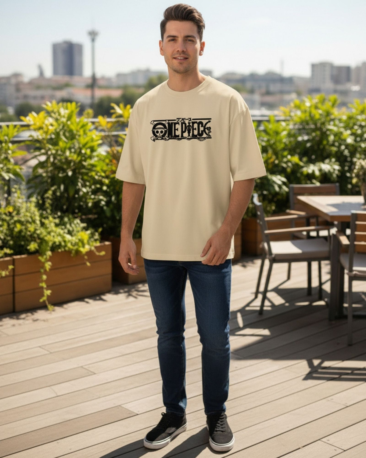 Image of FLYIND VOGUE OUTFIT Graphic Print Men Round Neck Beige T-Shirt