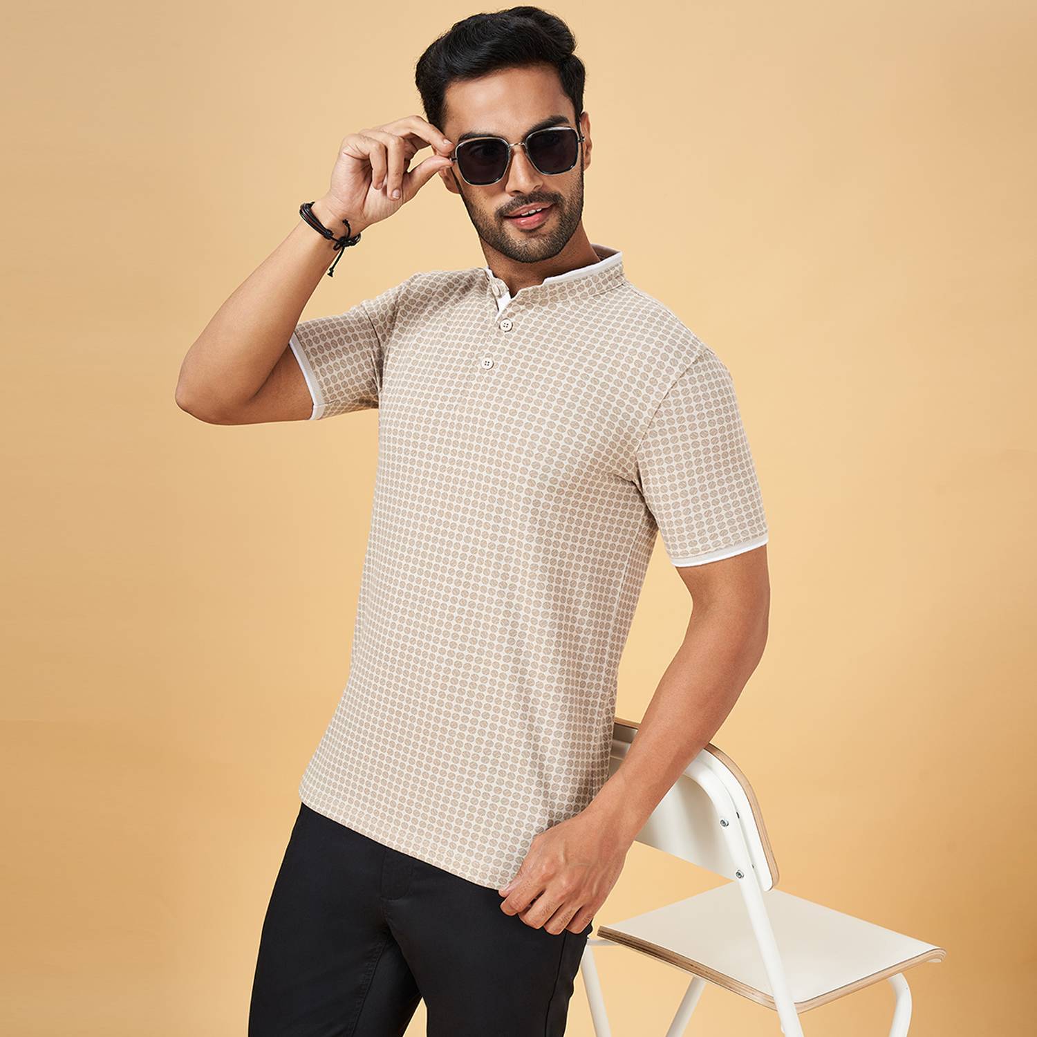 Byford by Pantaloons Printed Men Polo Neck Beige, White T-Shirt