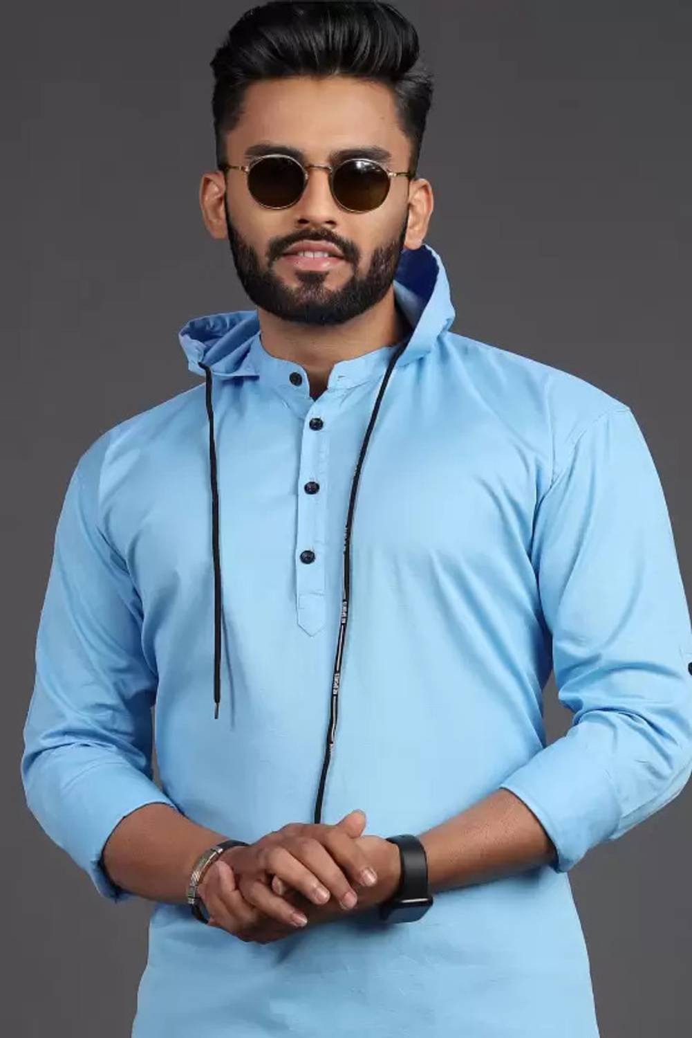 AARADHYA TRENDZ Solid Men Hooded Neck Light Blue T-Shirt