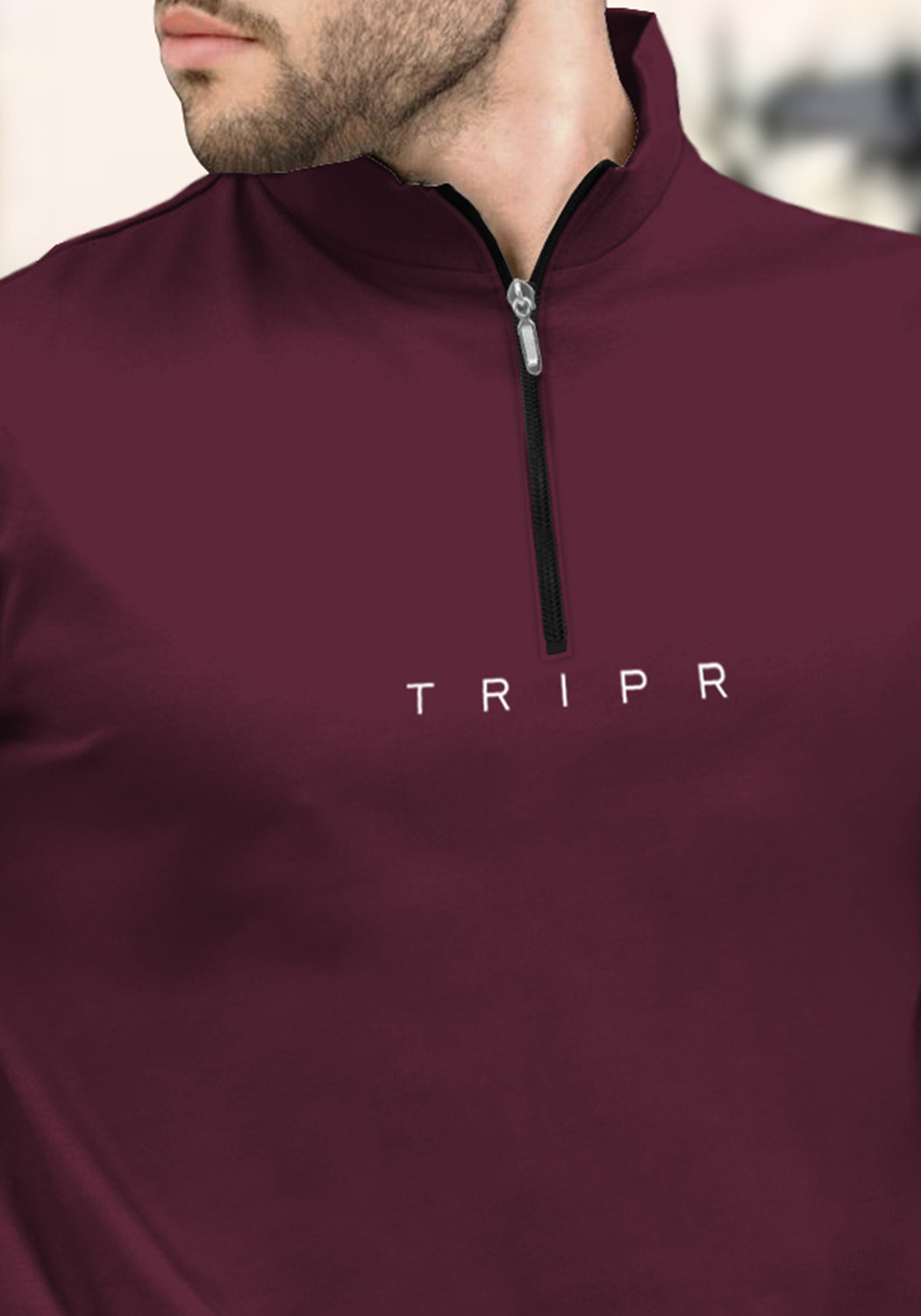 Image of TRIPR Solid Men Mandarin Collar Maroon T-Shirt