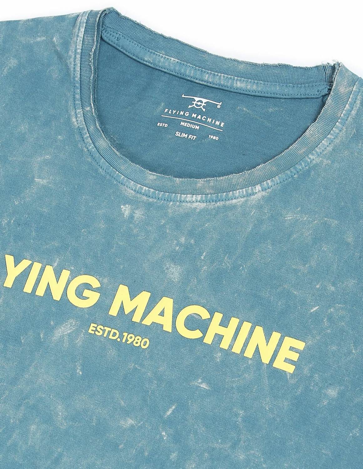 Image of FLYING MACHINE Typography Men Round Neck Blue T-Shirt