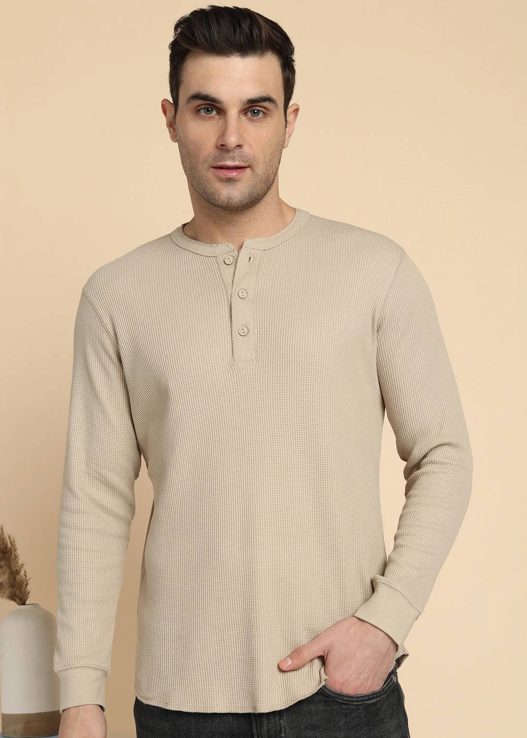 Alan Jones Beige Men's Henley Neck T-Shirt