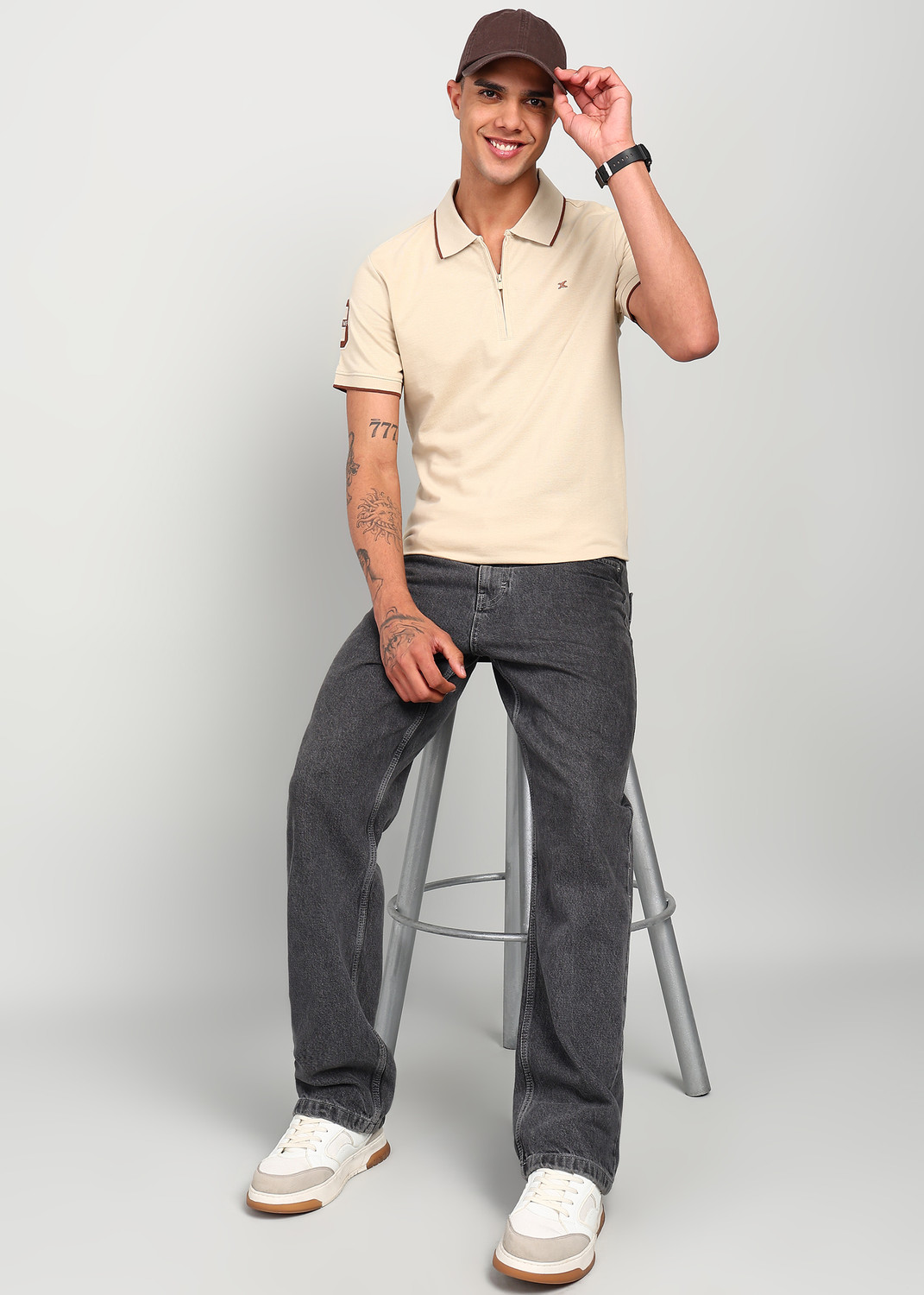 Image of KILLER Solid Men Polo Neck Beige T-Shirt