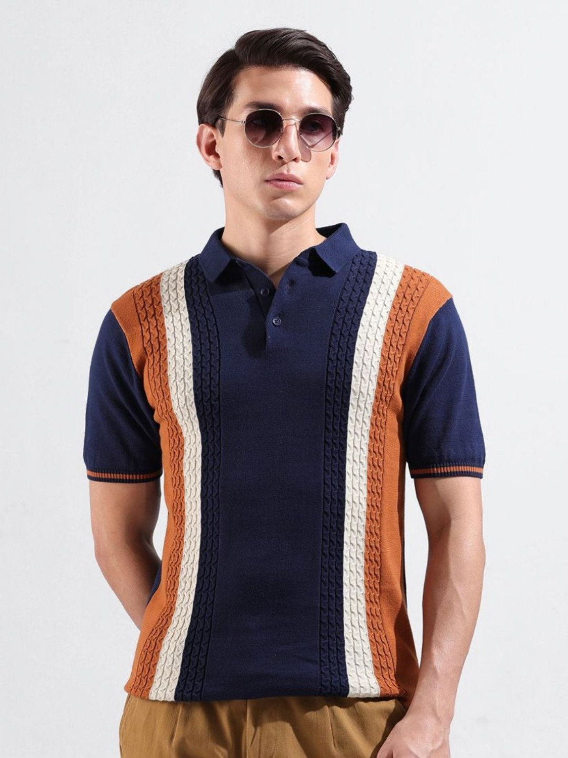 Image of The Indian Garage Co. Self Design Men Polo Neck Blue T-Shirt