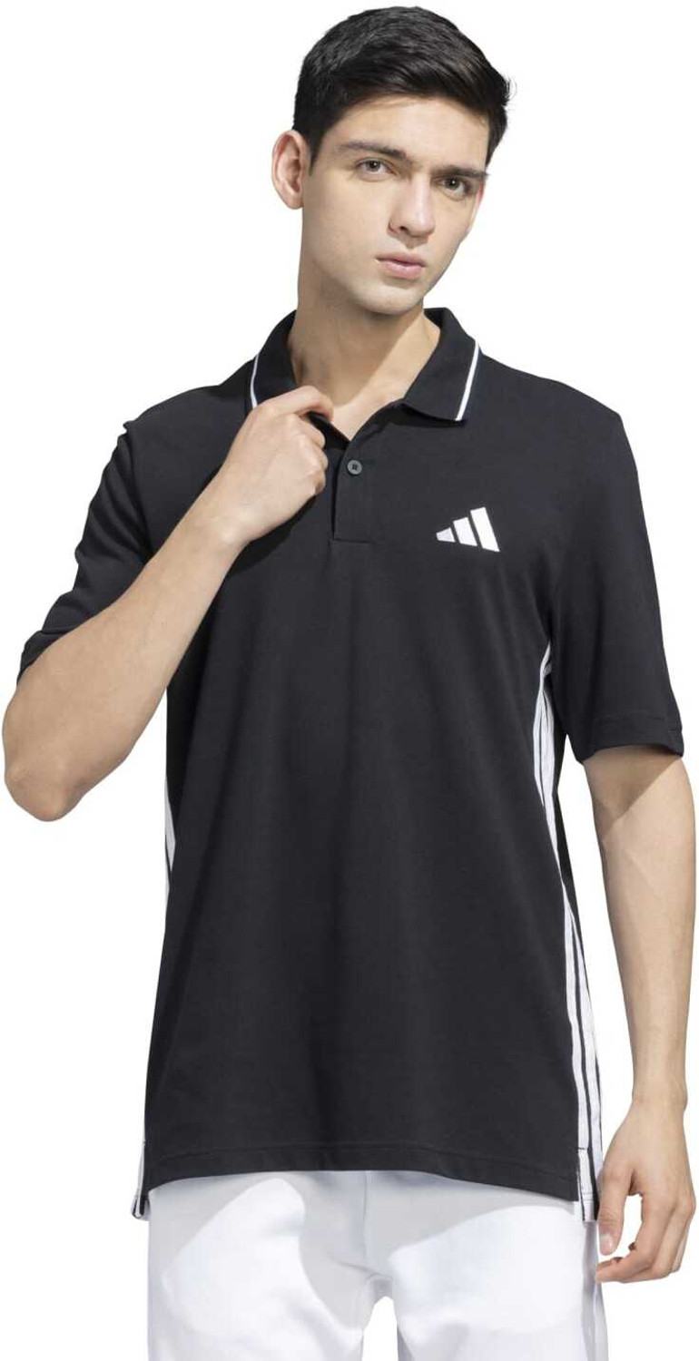 Image of ADIDAS Striped Men Polo Neck Black T-Shirt