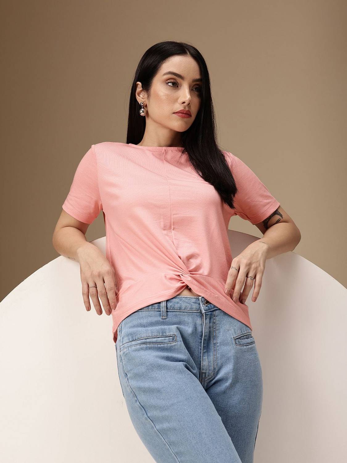 CHEMISTRY Solid Women Round Neck Pink T-Shirt