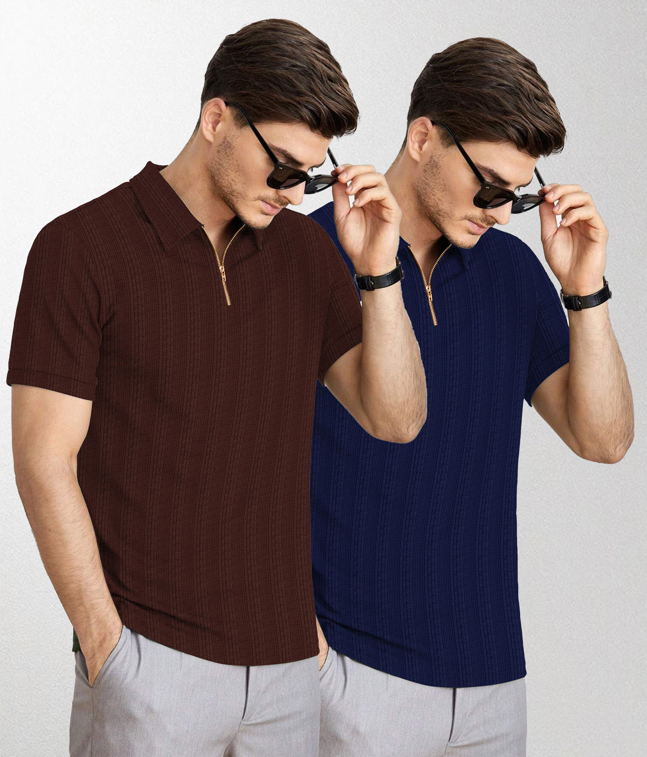 Image of KAJARU Self Design Men Zip Neck Brown, Blue T-Shirt