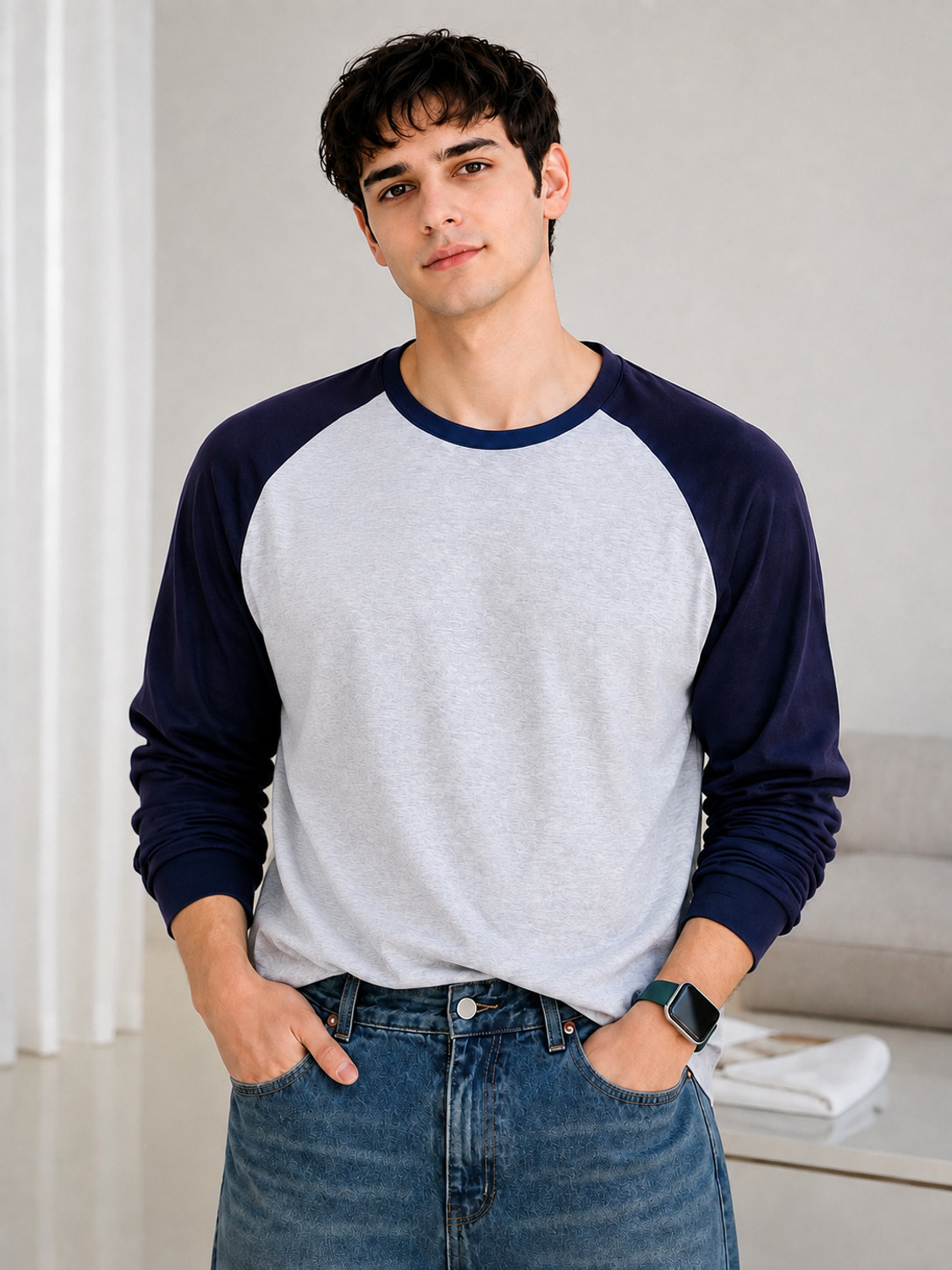 Image of MK Digital Colorblock Men Round Neck Grey, Navy Blue T-Shirt