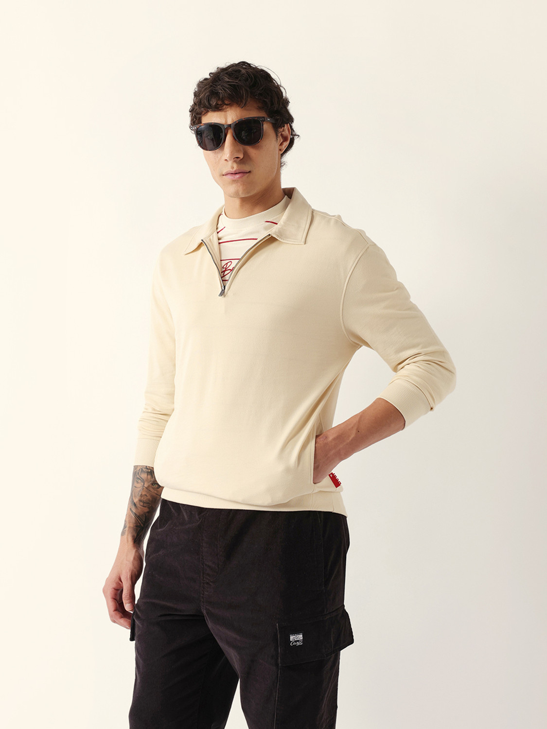 Image of THE BEAR HOUSE Solid Men Polo Neck Beige T-Shirt