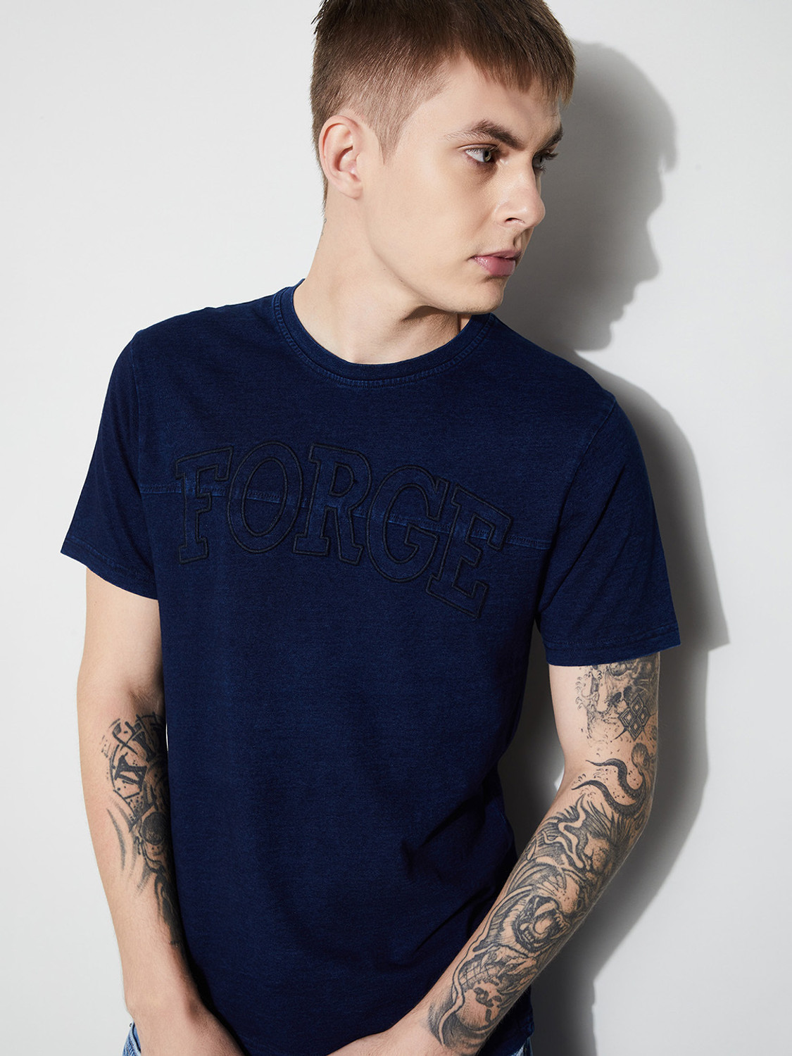 Image of Forca by Lifestyle Printed Men Crew Neck Dark Blue T-Shirt