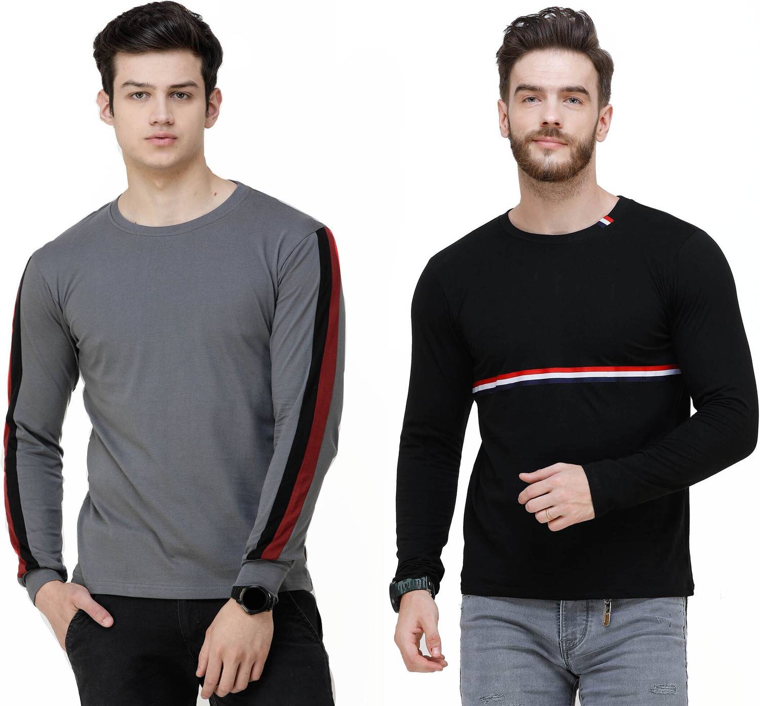 COUNTRY YARD Men Striped Round Neck Pure Cotton Grey, Black T-Shi