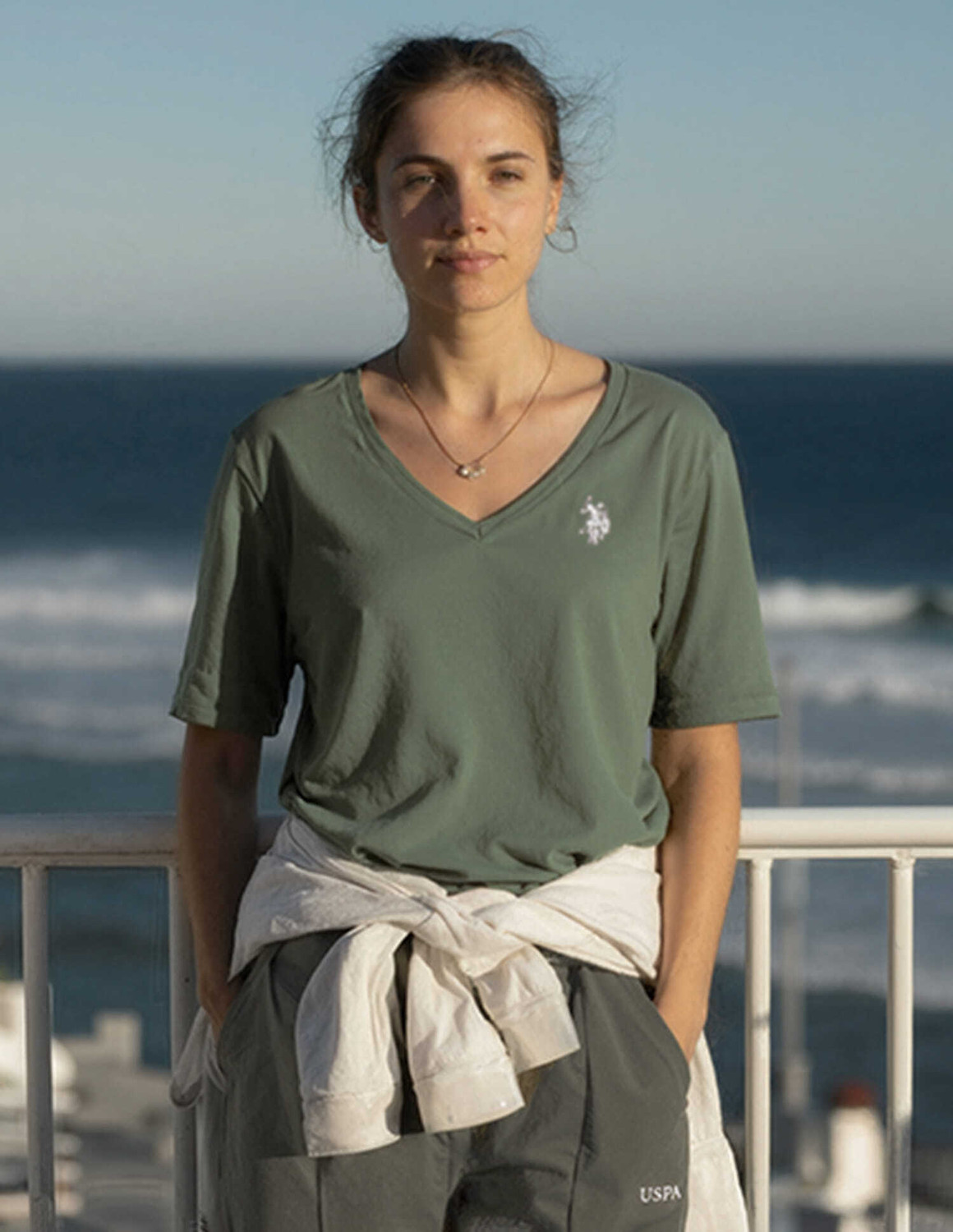 Image of U.S. POLO ASSN. Printed Women V Neck Green T-Shirt
