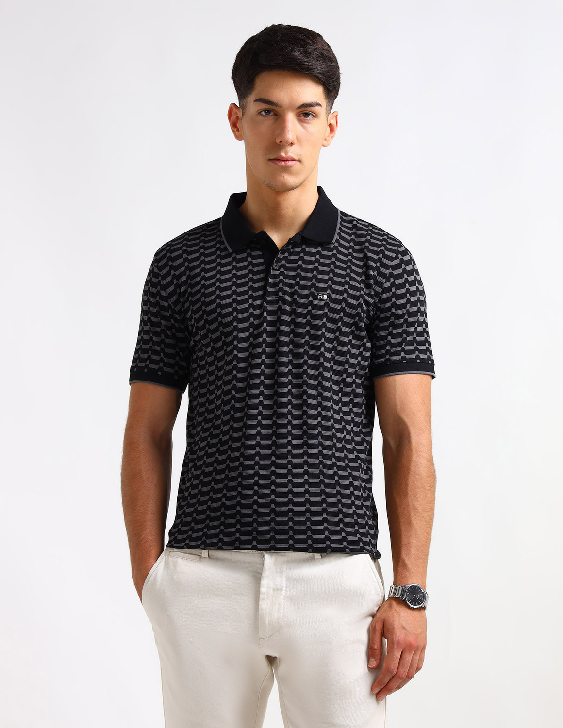 Image of Arrow Sport Geometric Print Men Polo Neck Black T-Shirt